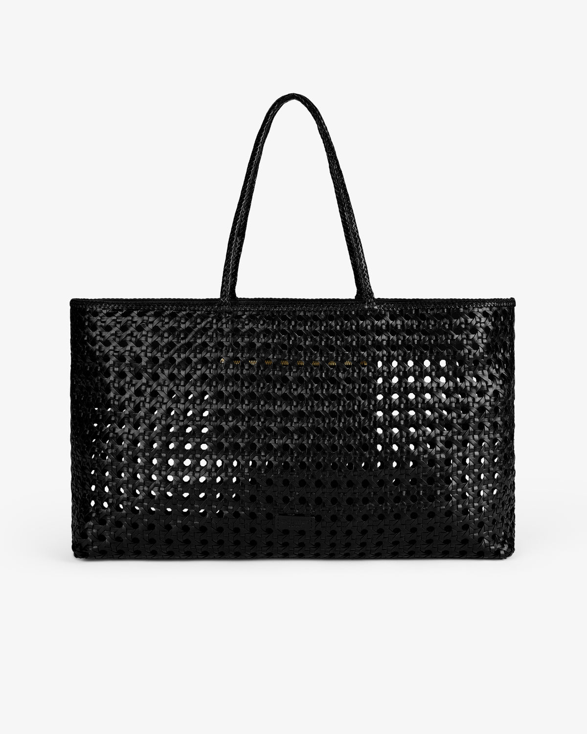 Woven Leather Tote Bag with two handles and a perforated mesh design, shown against a white background.