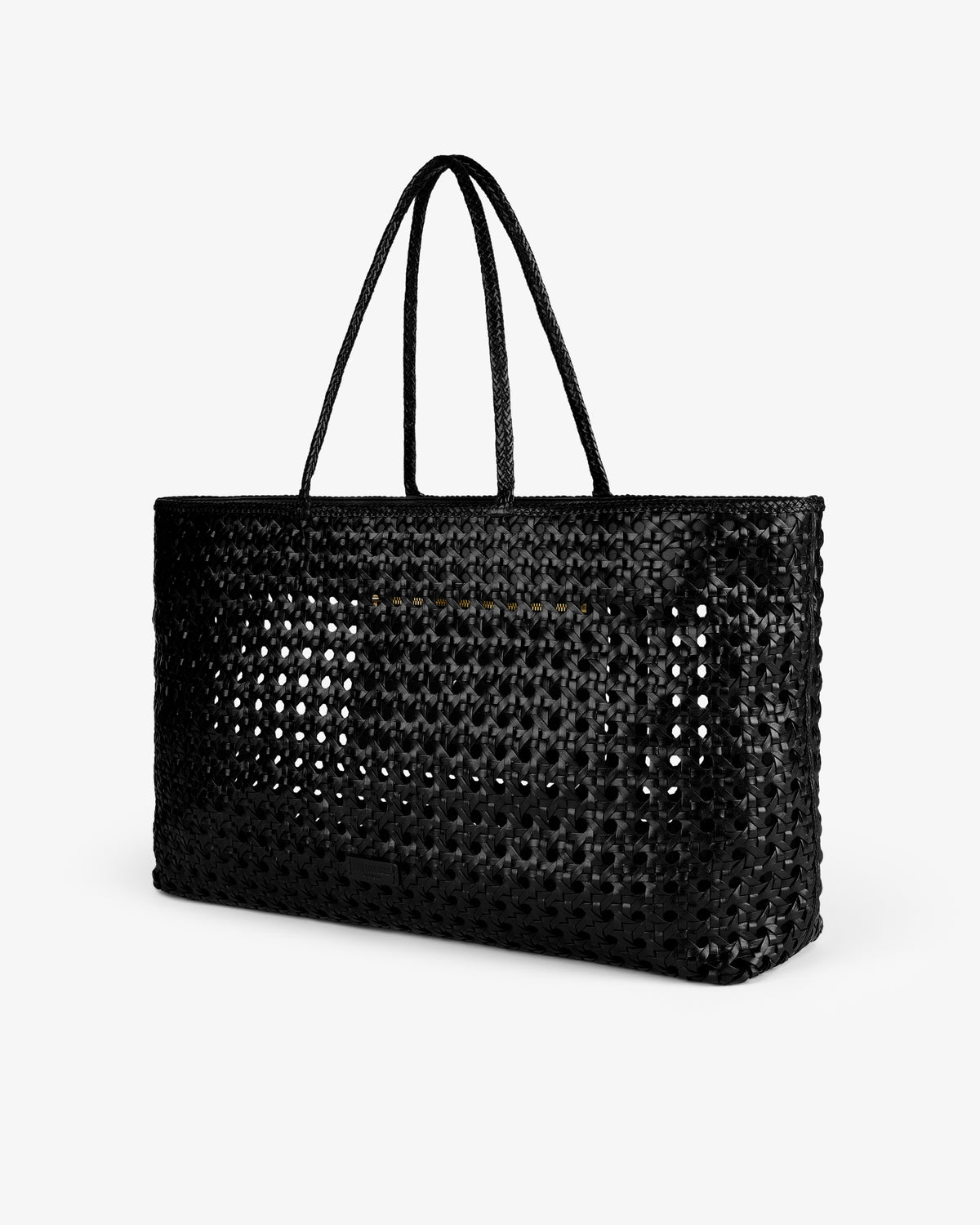 Woven Leather Tote Bag with dual handles, shown on a plain white background.