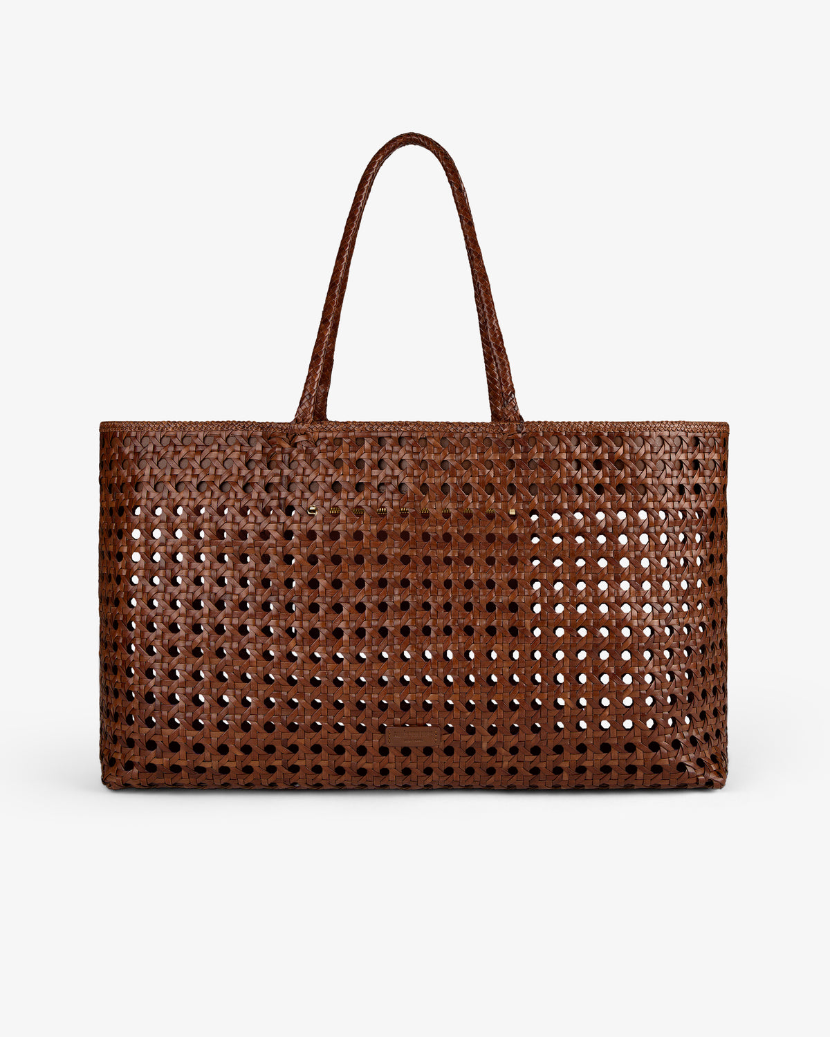 Woven Leather Tote Bag in brown with open lattice design and dual handles, shown on a white background.