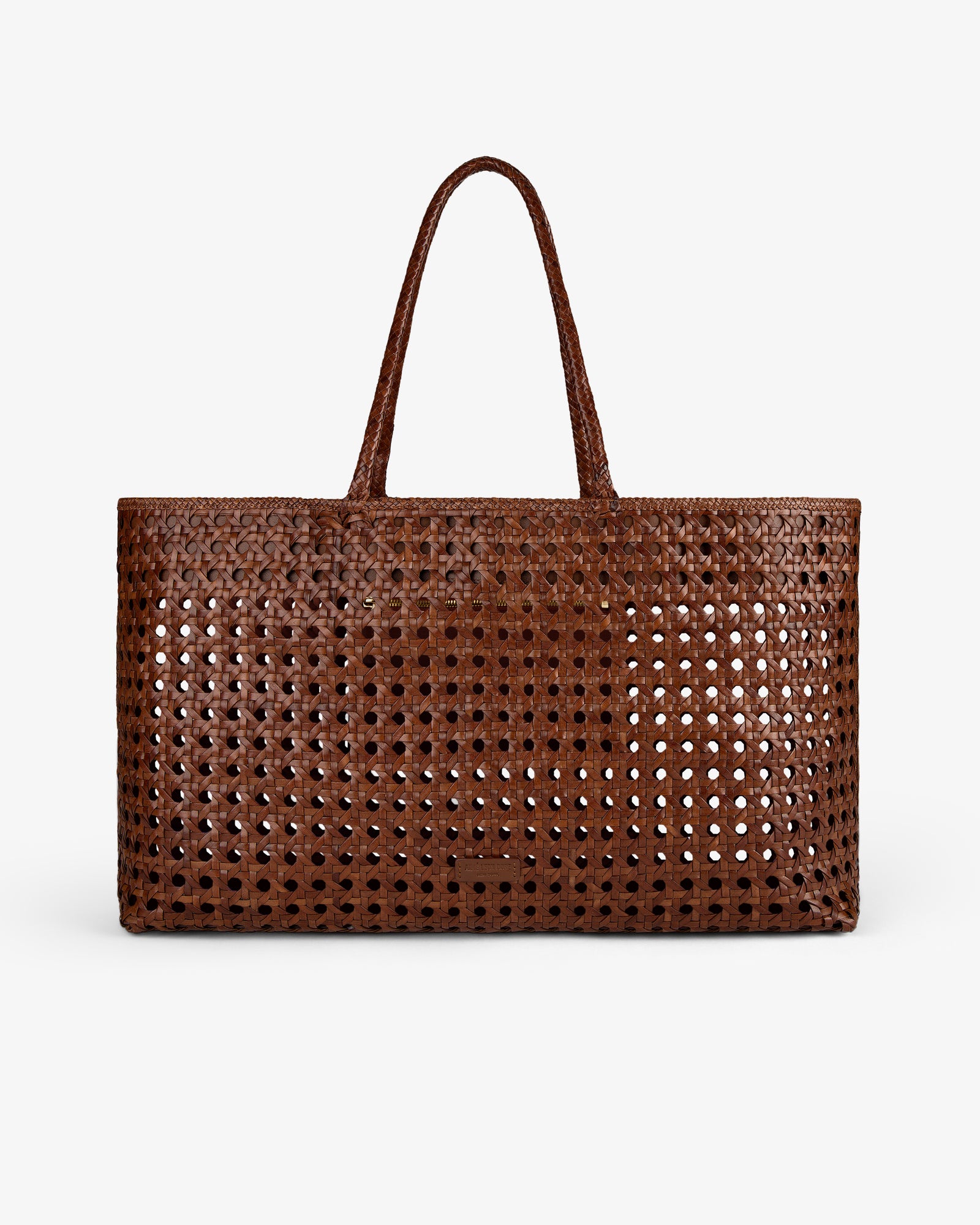 Woven Leather Tote Bag in brown with open lattice design and dual handles, shown on a white background.