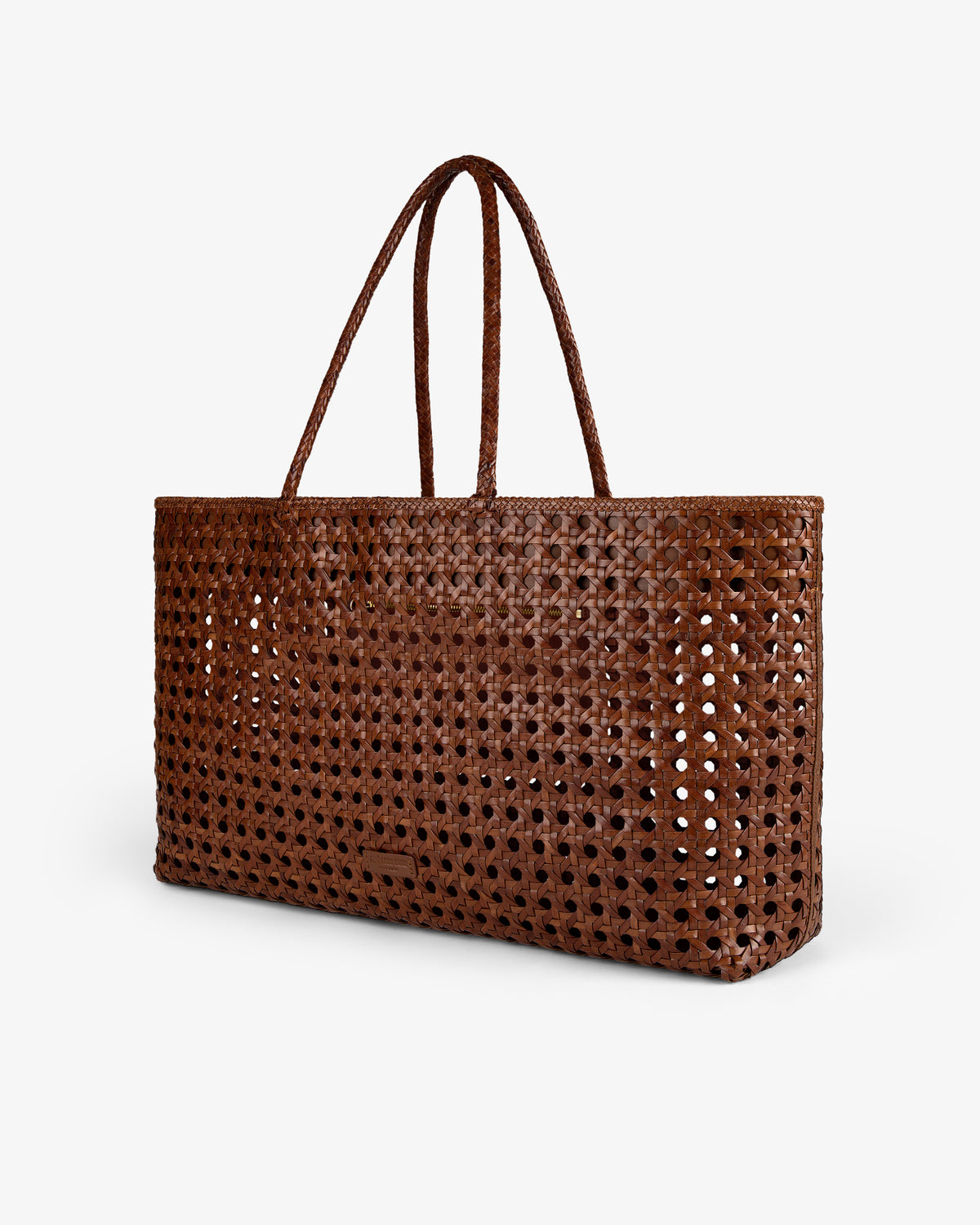 Woven Leather Tote Bag in brown with double handles, shown on a plain white background.