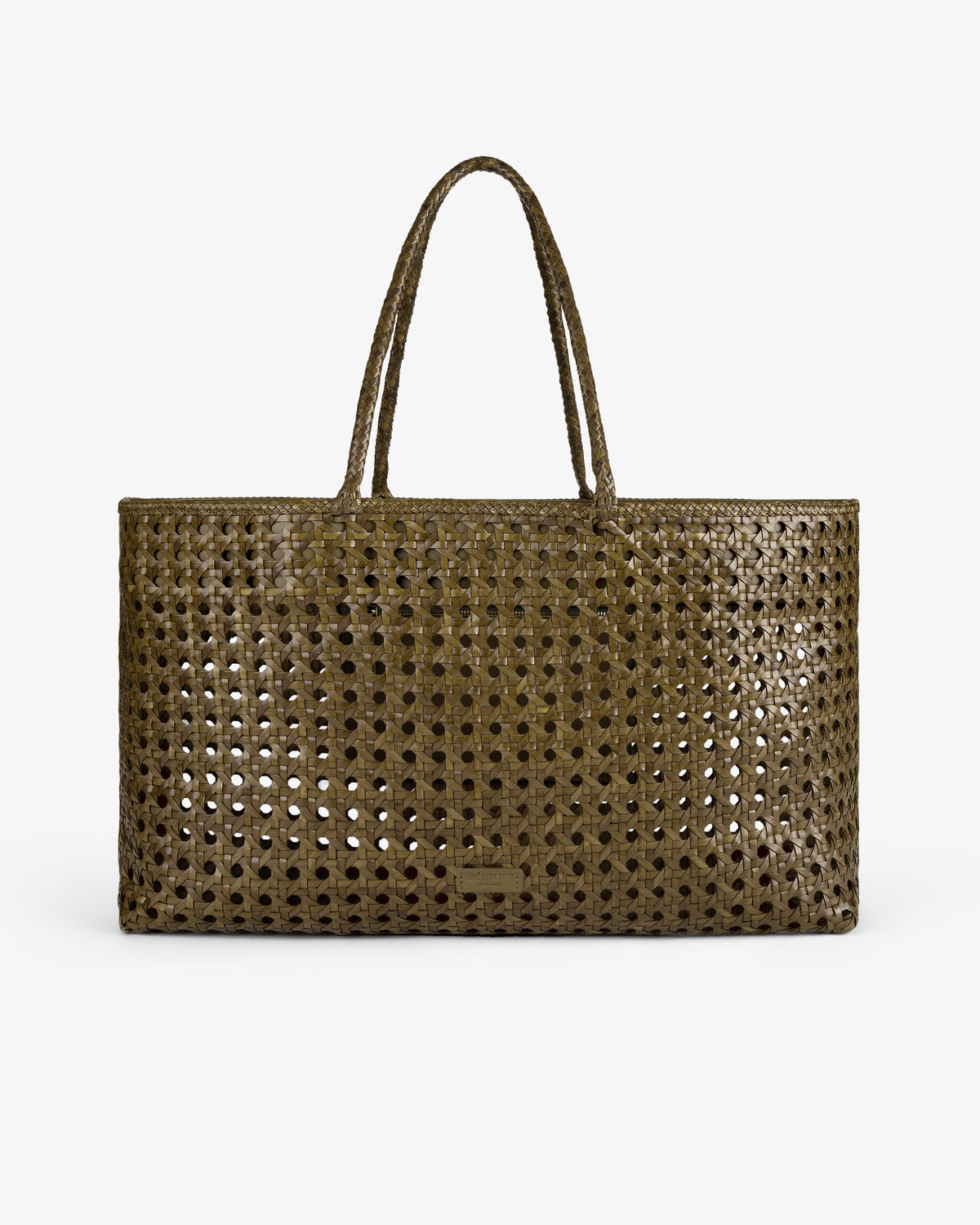 Woven Leather Tote Bag in olive green with double handles and rectangular shape on a white background.