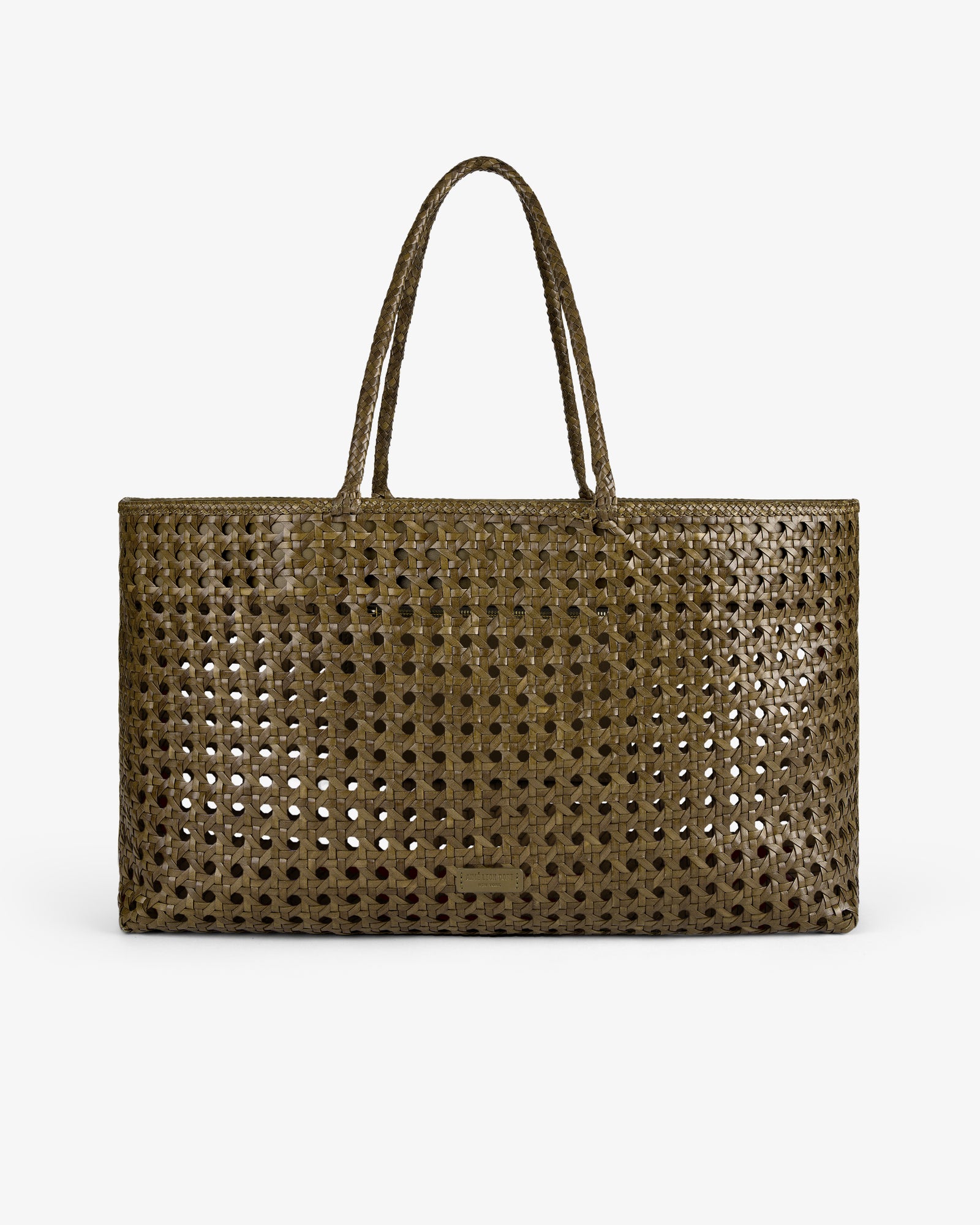 Woven Leather Tote Bag in olive green with double handles and rectangular shape on a white background.