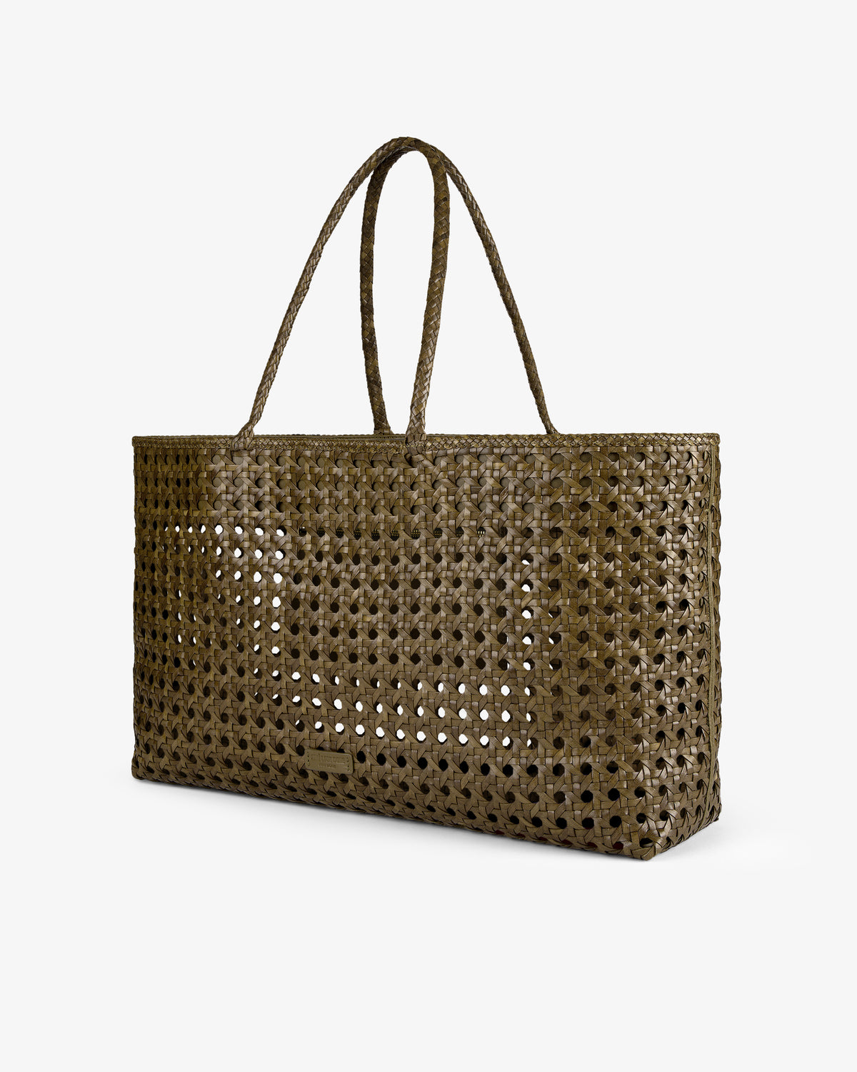 The Woven Leather Tote Bag is large, olive-green, with an open mesh design and two handles, shown on a white background.