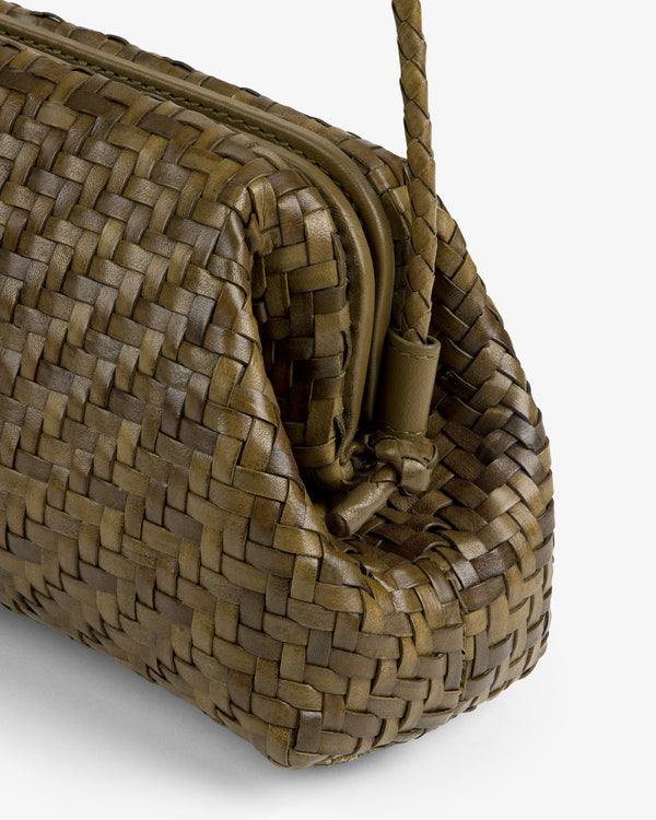 Close-up of the Woven Leather Shoulder Bag in brown with a zipper and braided strap on a white background.