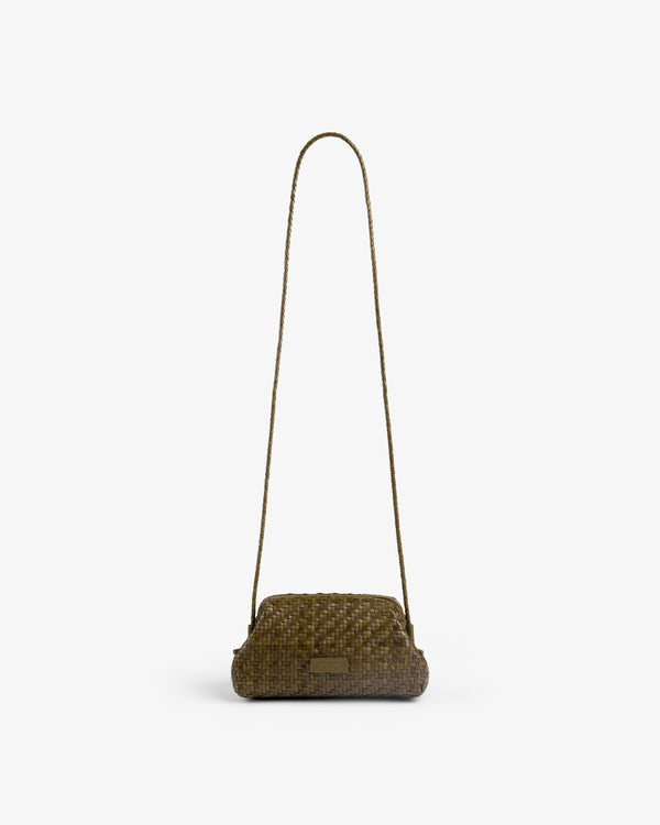 Woven Leather Shoulder Bag in brown with long strap, shown against a plain white background.