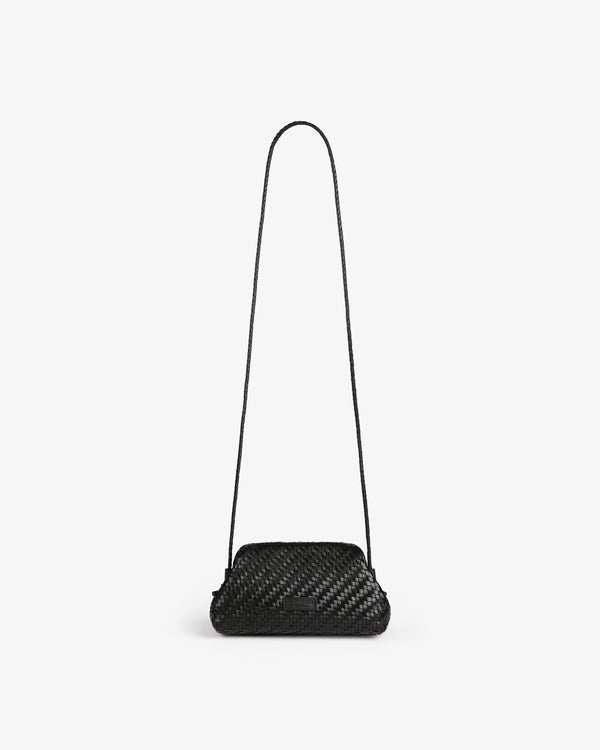 Woven Leather Shoulder Bag in black with a long strap, shown against a plain white background.