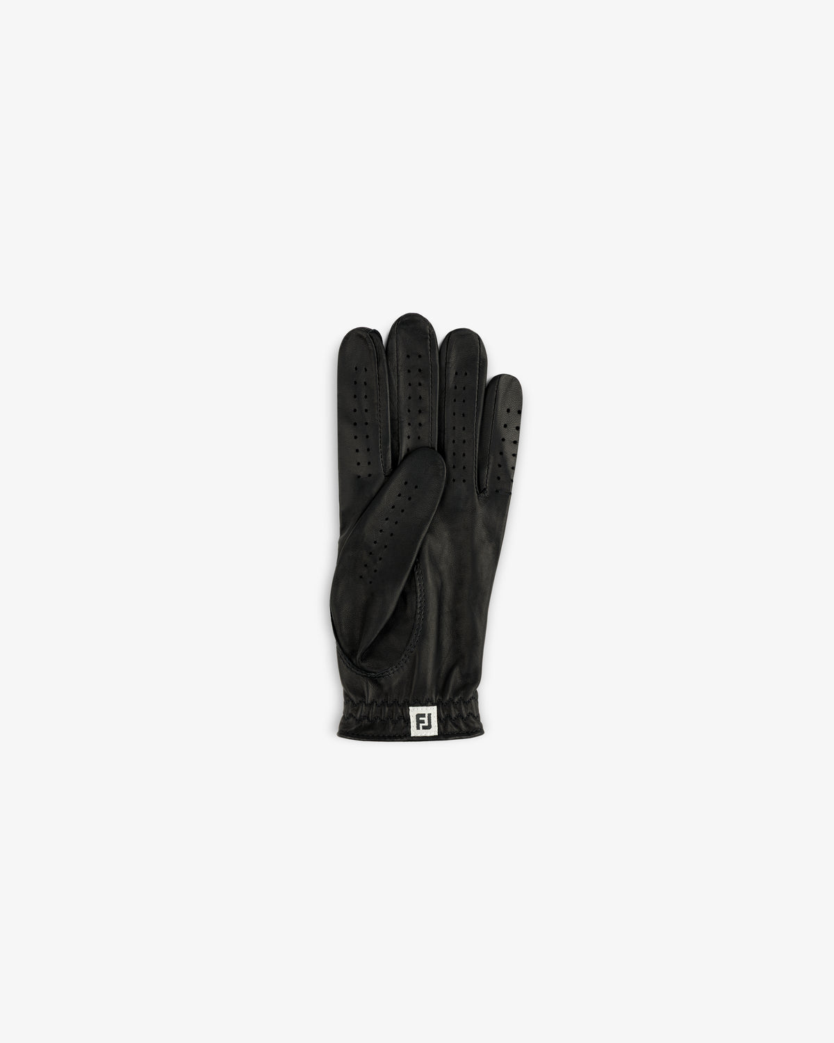 ALD / FootJoy StaSof Heritage Glove (Left): black leather, vented, elastic wrist, FJ logo on cuff, top view.