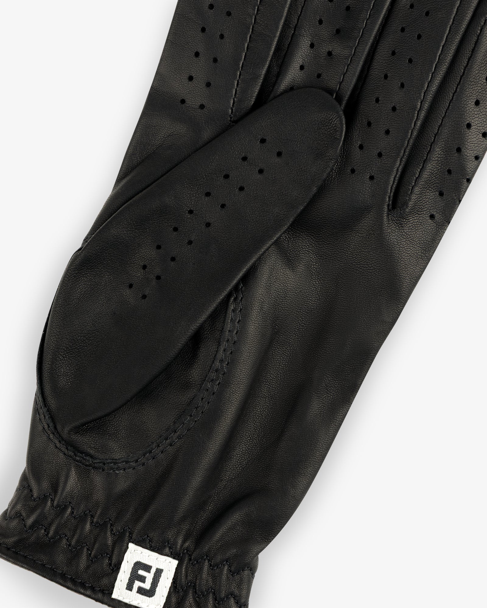 ALD / FootJoy StaSof Heritage Glove (Left) in black leather, perforated details, white logo tag at gathered wrist.