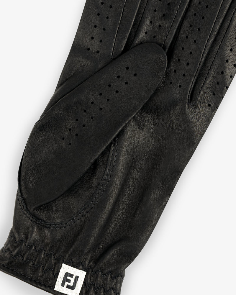 ALD / FootJoy StaSof Heritage Glove (Left) in black leather, perforated details, white logo tag at gathered wrist.