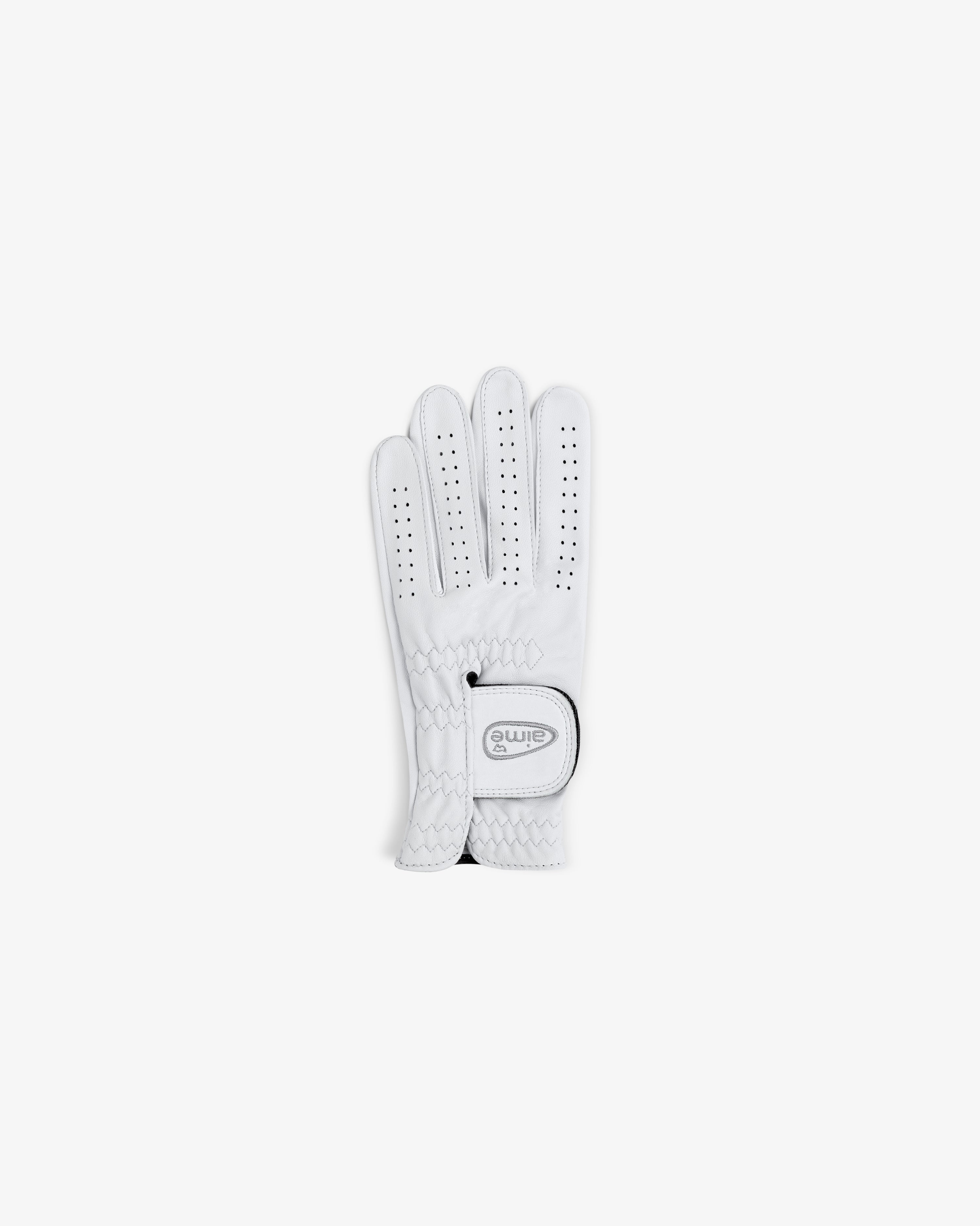 ALD / FootJoy StaSof Heritage Glove (Left) in white, palm-down, with ventilation holes and a buttoned strap.