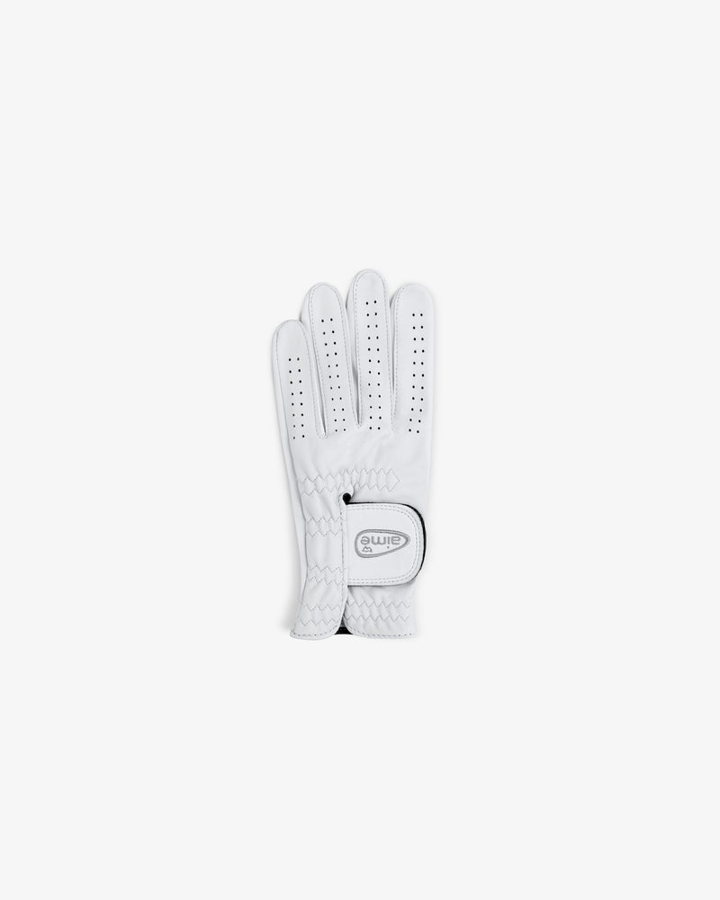 ALD / FootJoy StaSof Heritage Glove (Left) in white, palm-down, with ventilation holes and a buttoned strap.