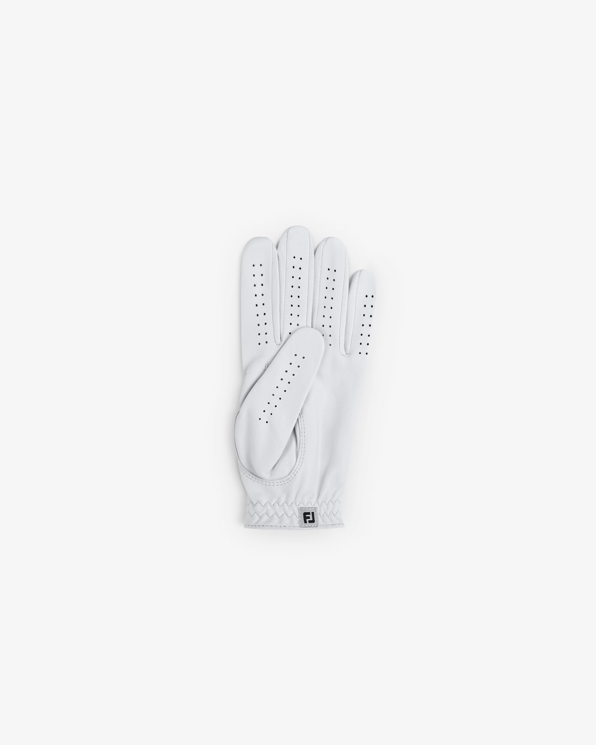 The ALD / FootJoy StaSof Heritage Glove (Left) in white is shown flat with perforations on a white background.