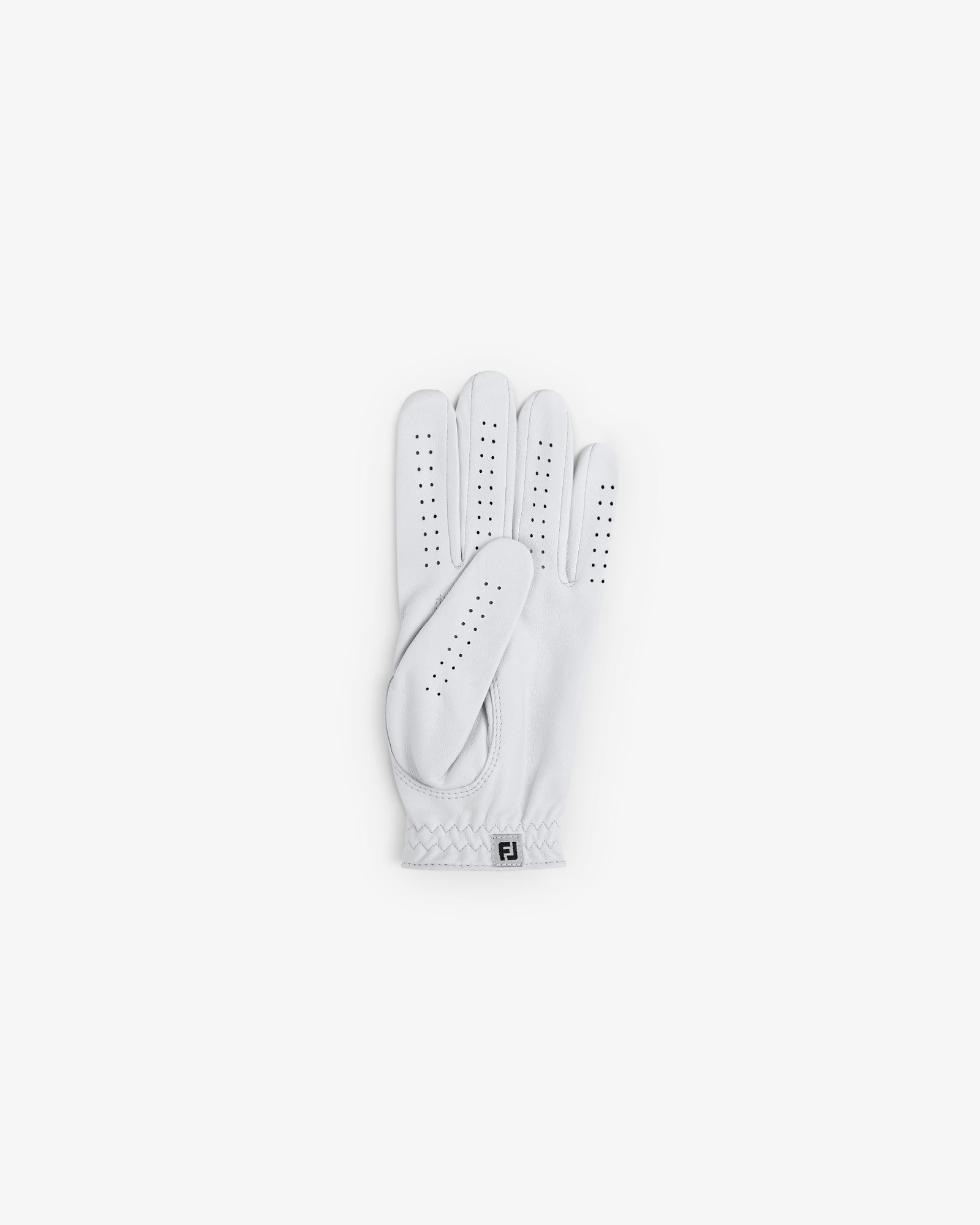The ALD / FootJoy StaSof Heritage Glove (Left) in white is shown flat with perforations on a white background.