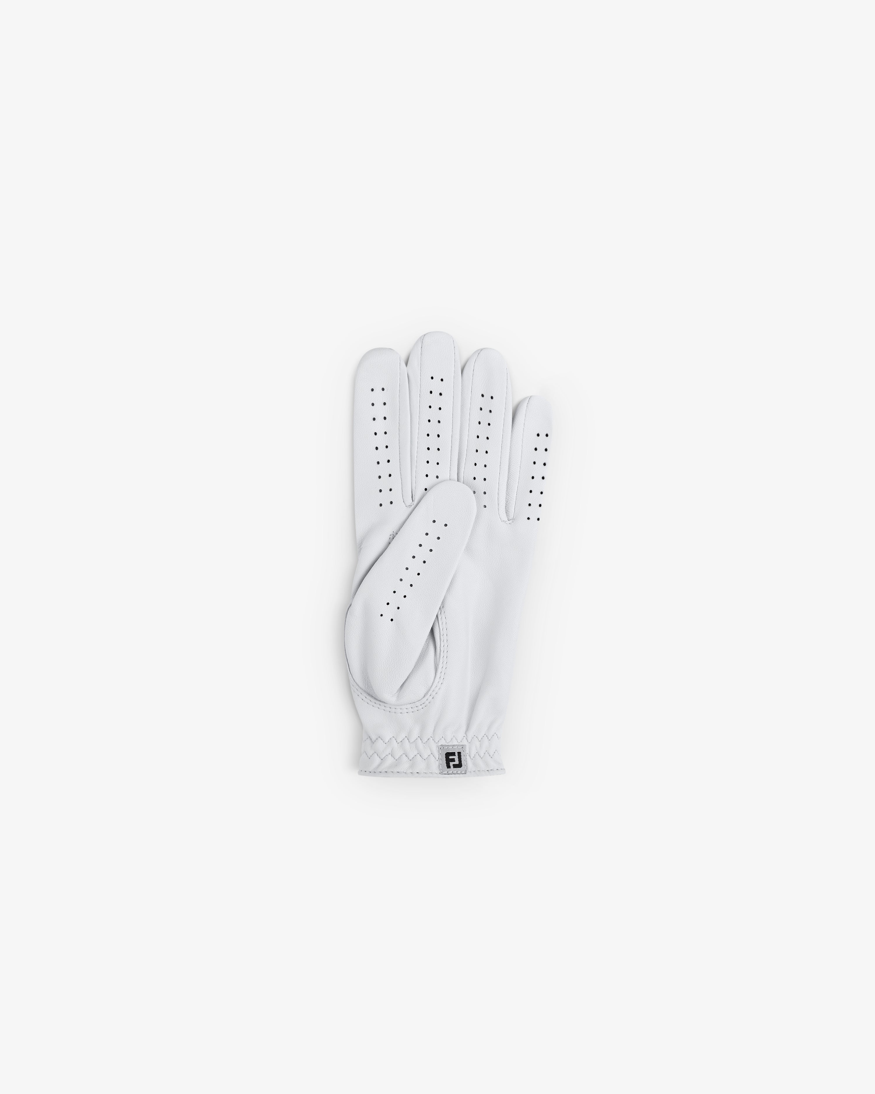 The ALD / FootJoy StaSof Heritage Glove (Left) in white is shown flat with perforations on a white background.