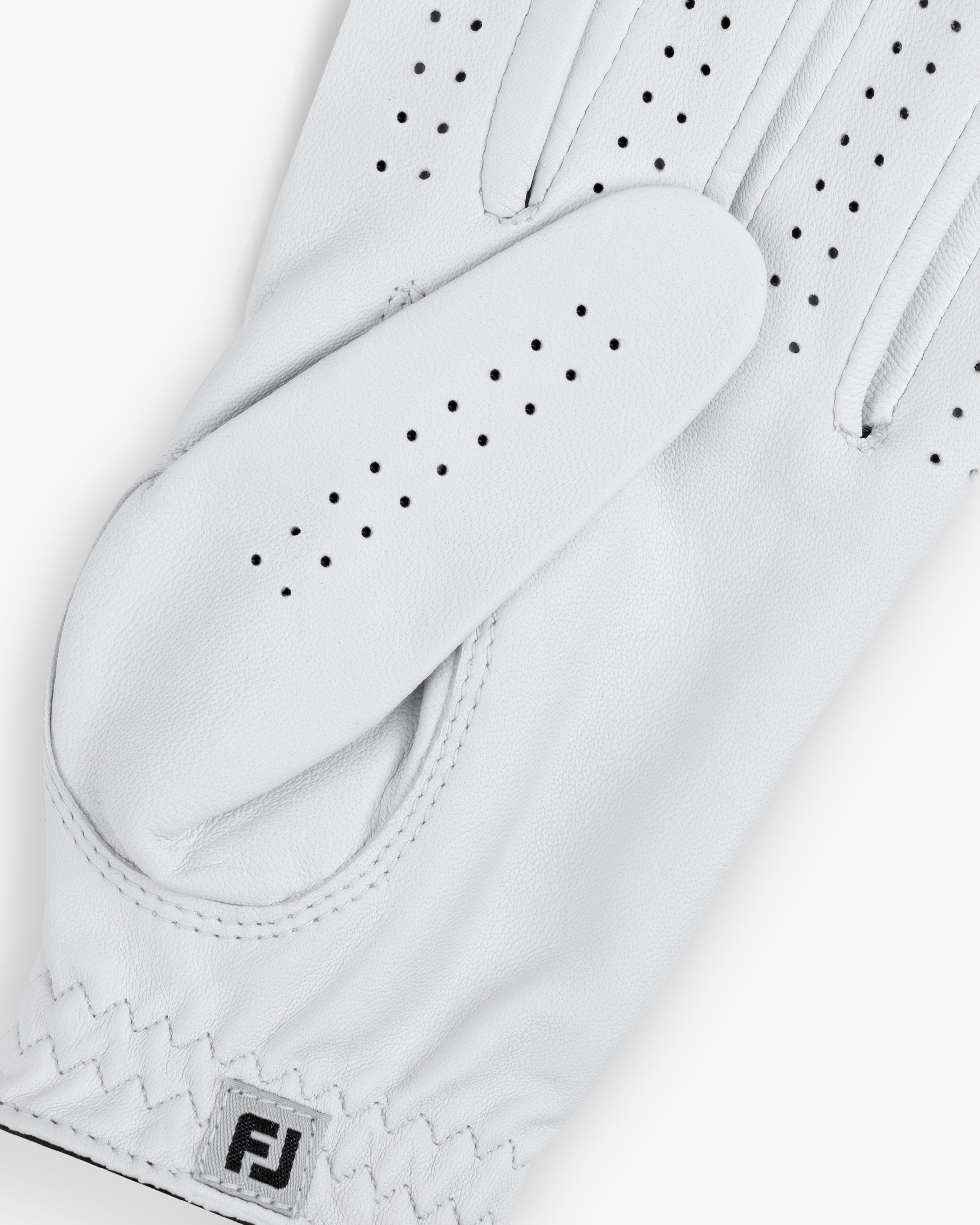 Close-up of the ALD / FootJoy StaSof Heritage Glove (Left) in white with small ventilation holes and FJ logo on wrist.