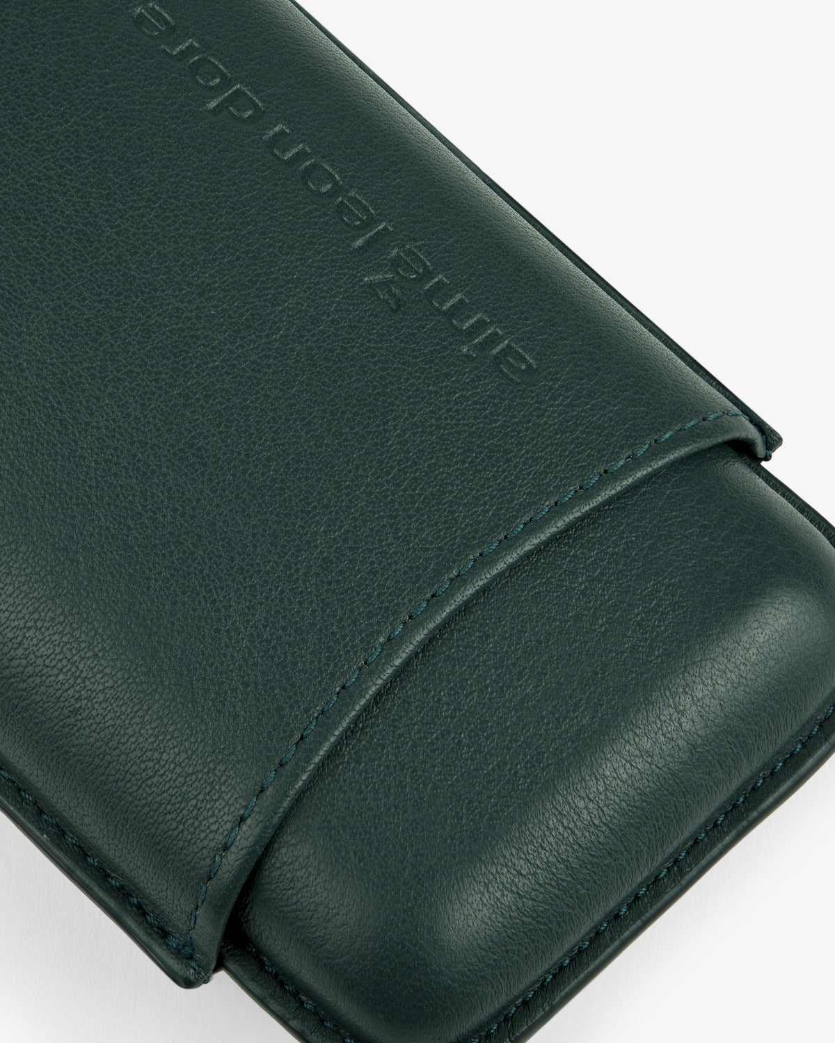 ALD Golf Leather Cigar Case in dark green with visible stitching and embossed text, shown on a white background.