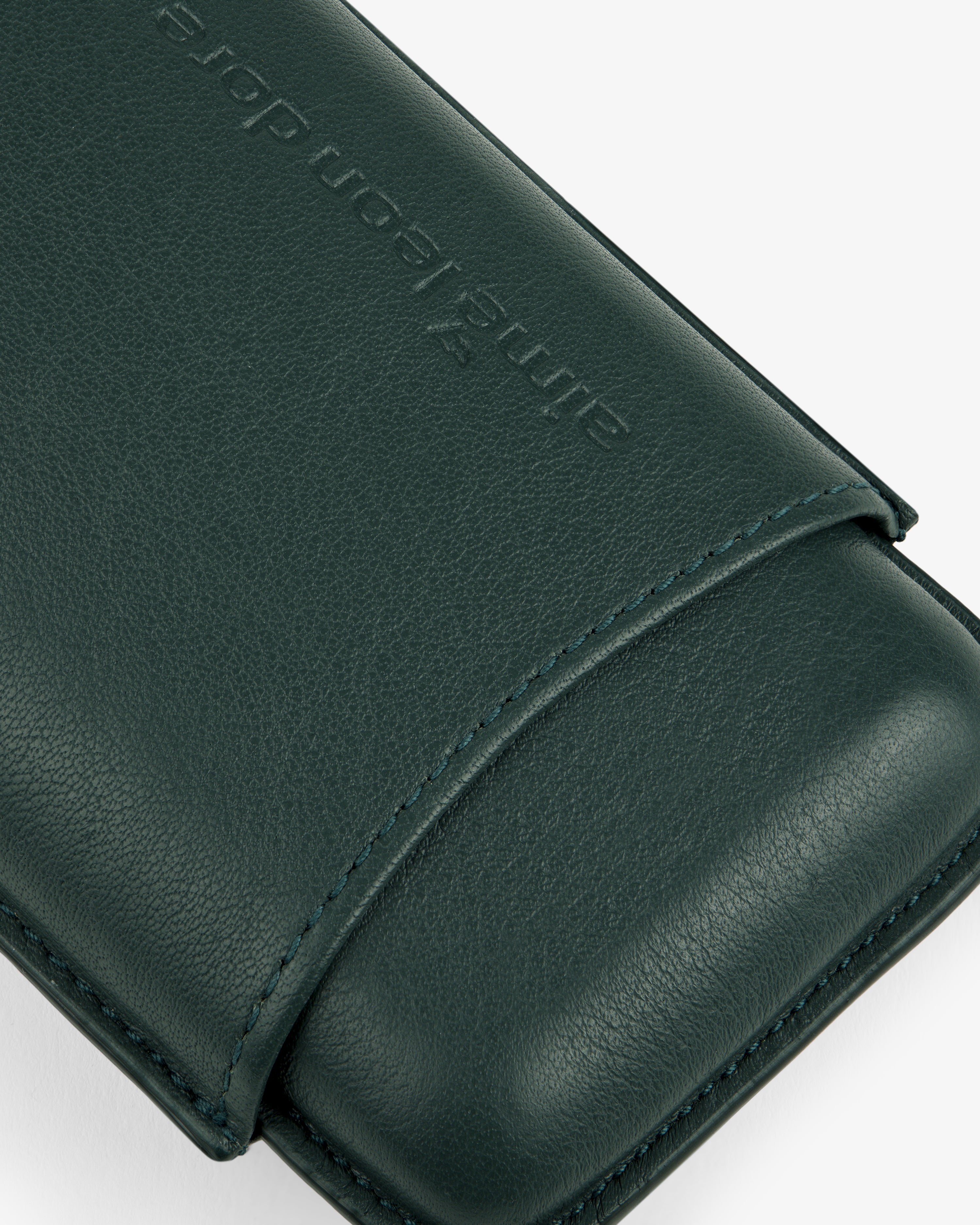 ALD Golf Leather Cigar Case in dark green with visible stitching and embossed text, shown on a white background.