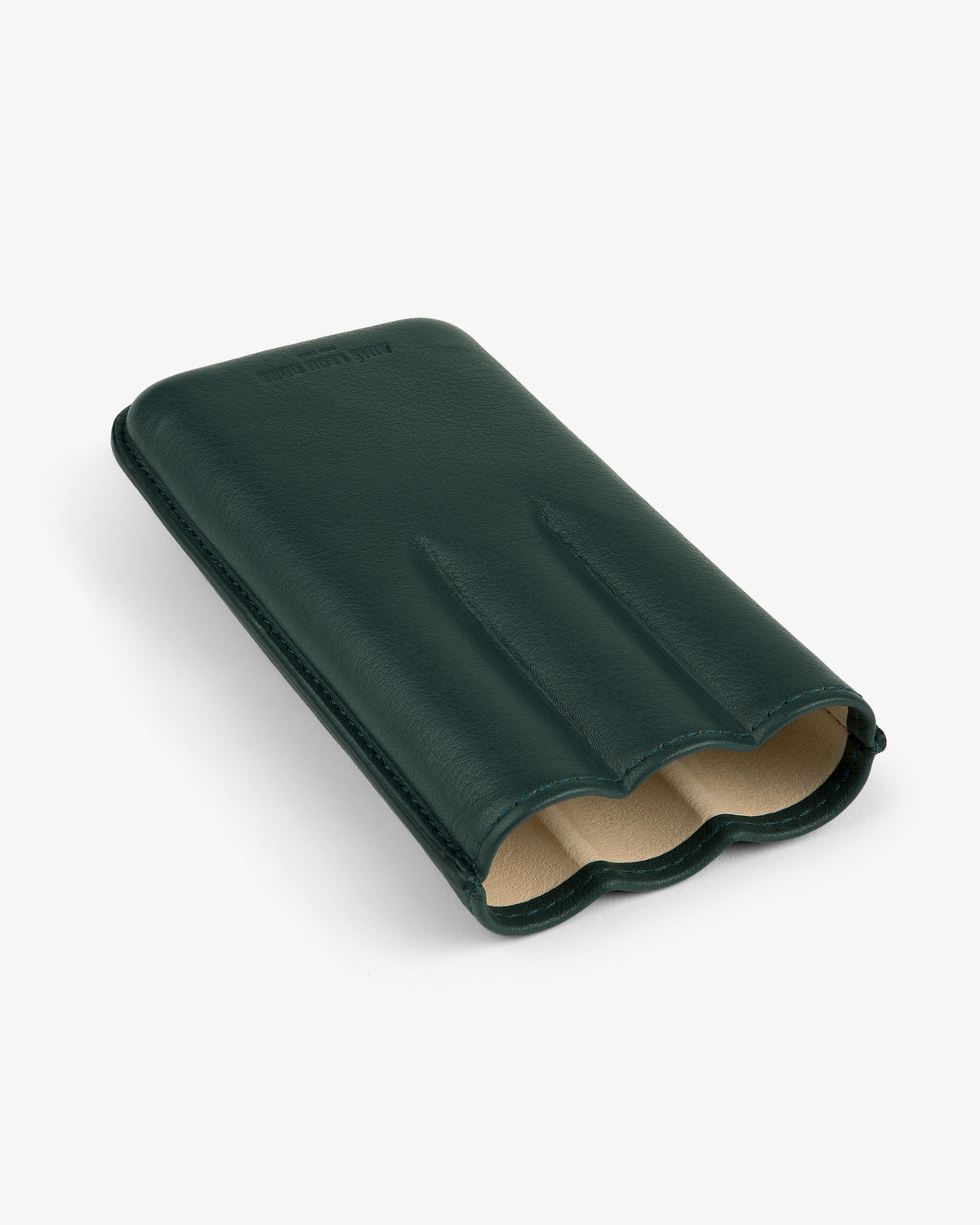 ALD Golf Leather Cigar Case in dark green leather with three rounded slots and beige interior, shown on white background.