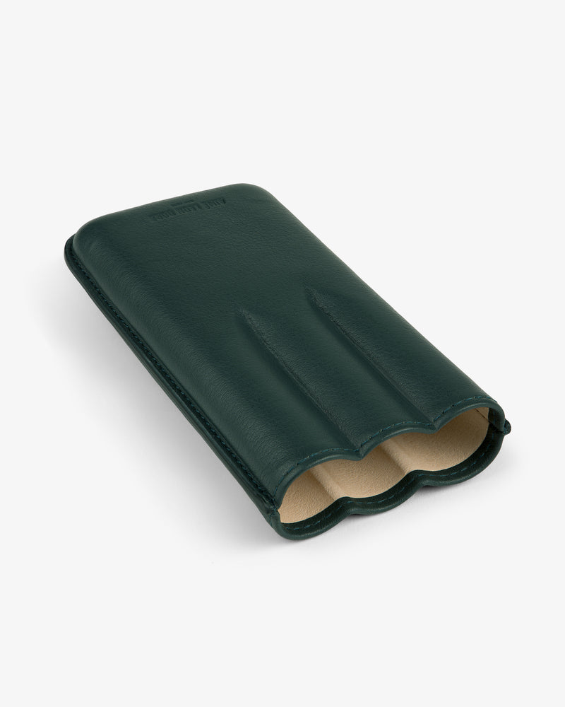 ALD Golf Leather Cigar Case in dark green leather with three rounded slots and beige interior, shown on white background.
