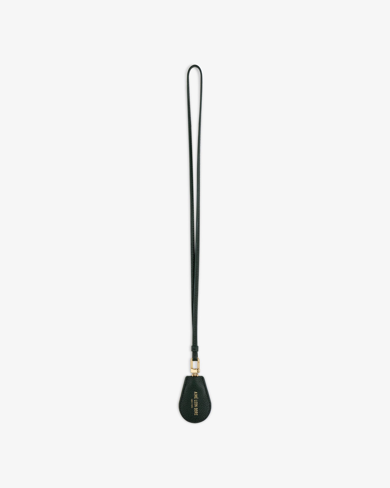 A black Leather Key Cover with a teardrop end and gold hardware, shown on a white background.