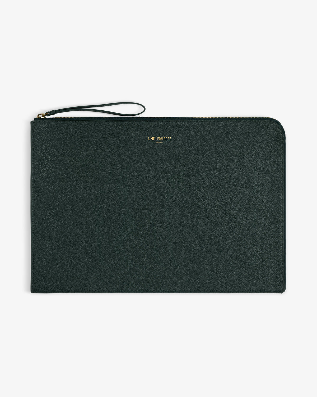 Large Leather Pouch in dark green leather with zipper, wrist strap, and gold AIME LEON DORE text on the front.