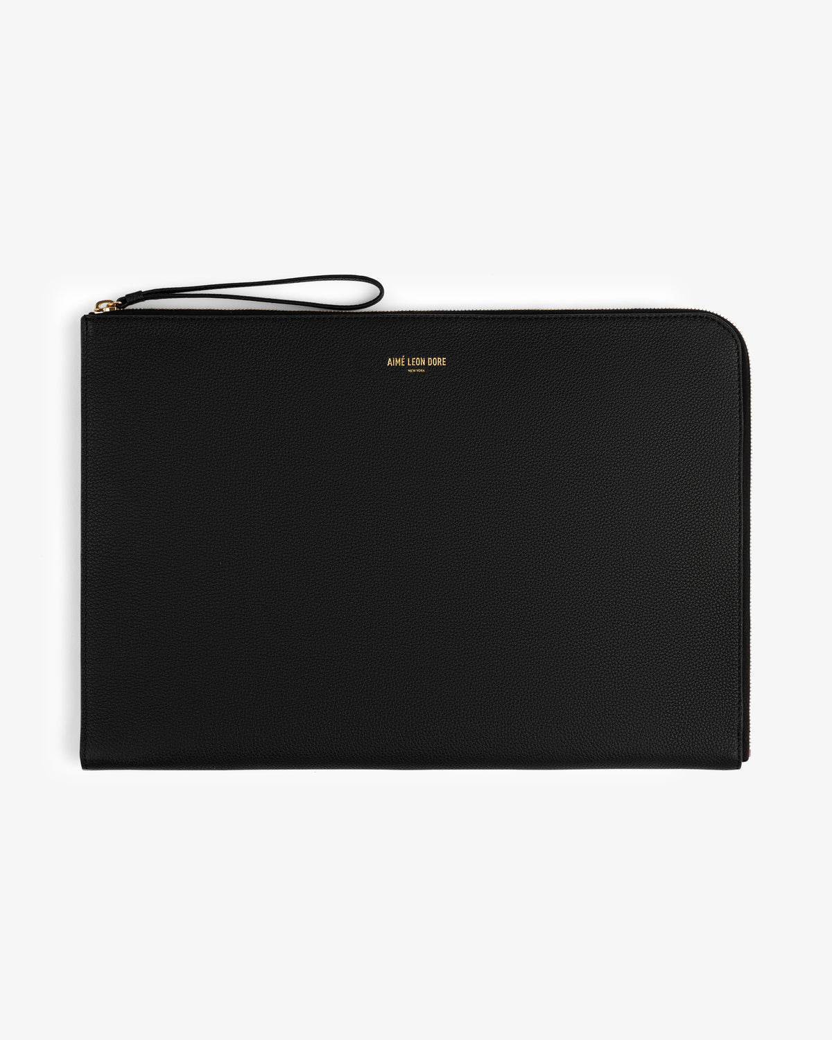 Large Leather Pouch: Black leather zippered pouch with wrist strap and small gold front text.