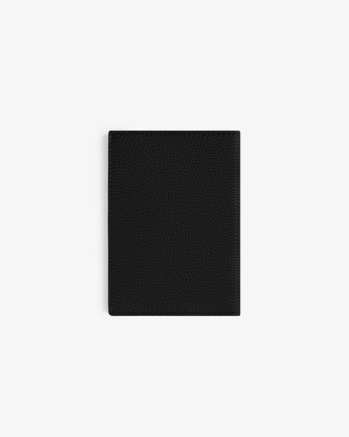 A closed, black Leather Passport Holder is centered on a white background.