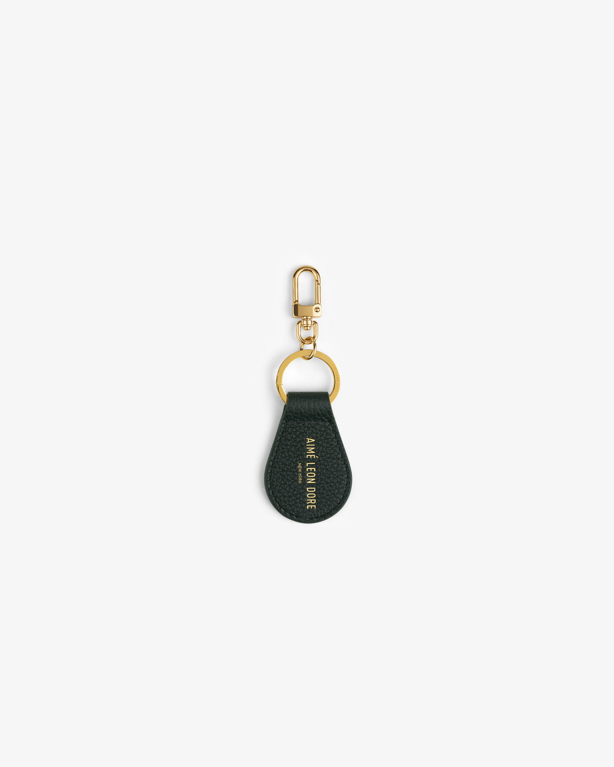 Dark green Leather Key Fob with gold hardware and embossed gold text on a white background.