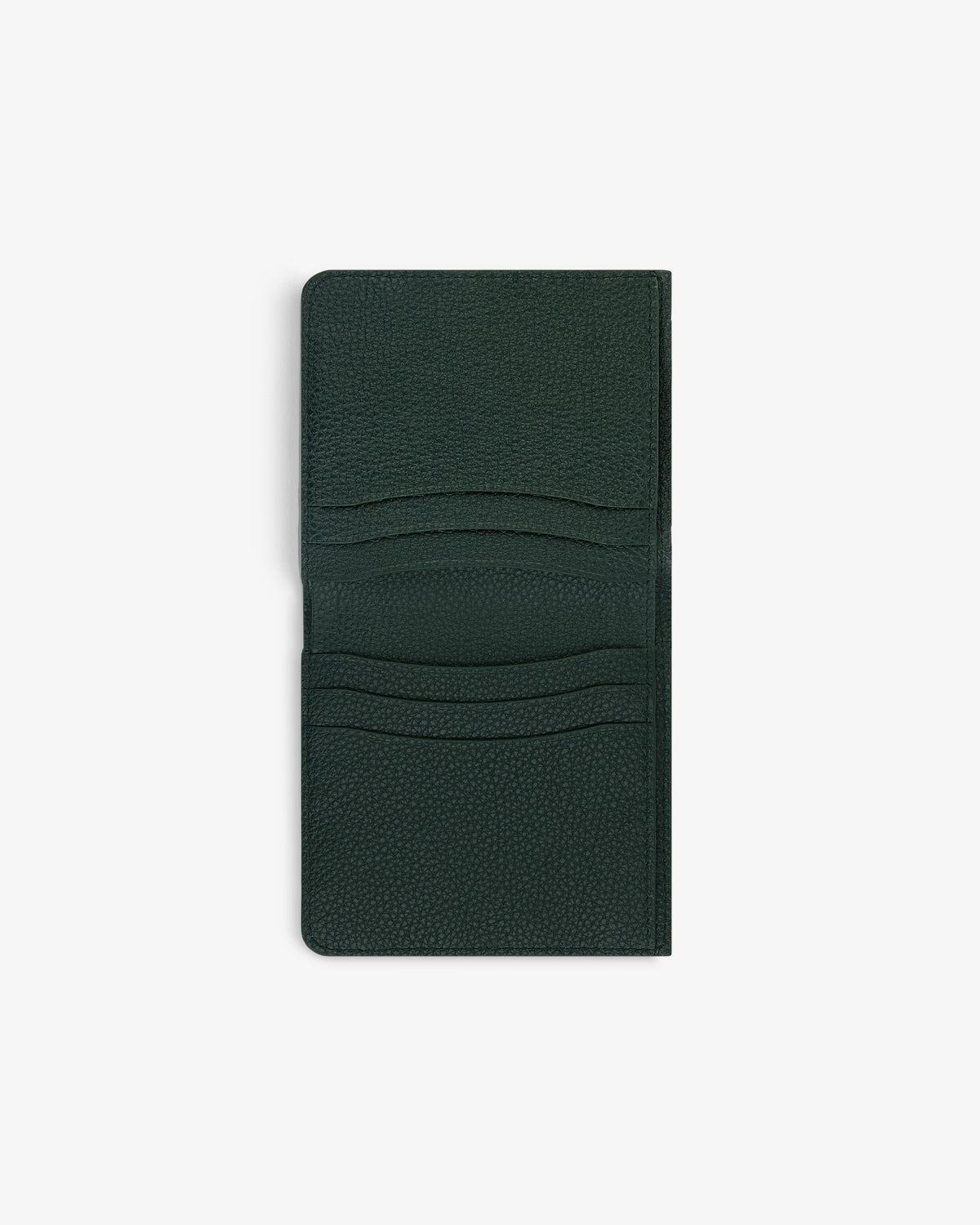 Leather Bi-Fold Wallet in dark green with four card slots, displayed open on a plain white background.