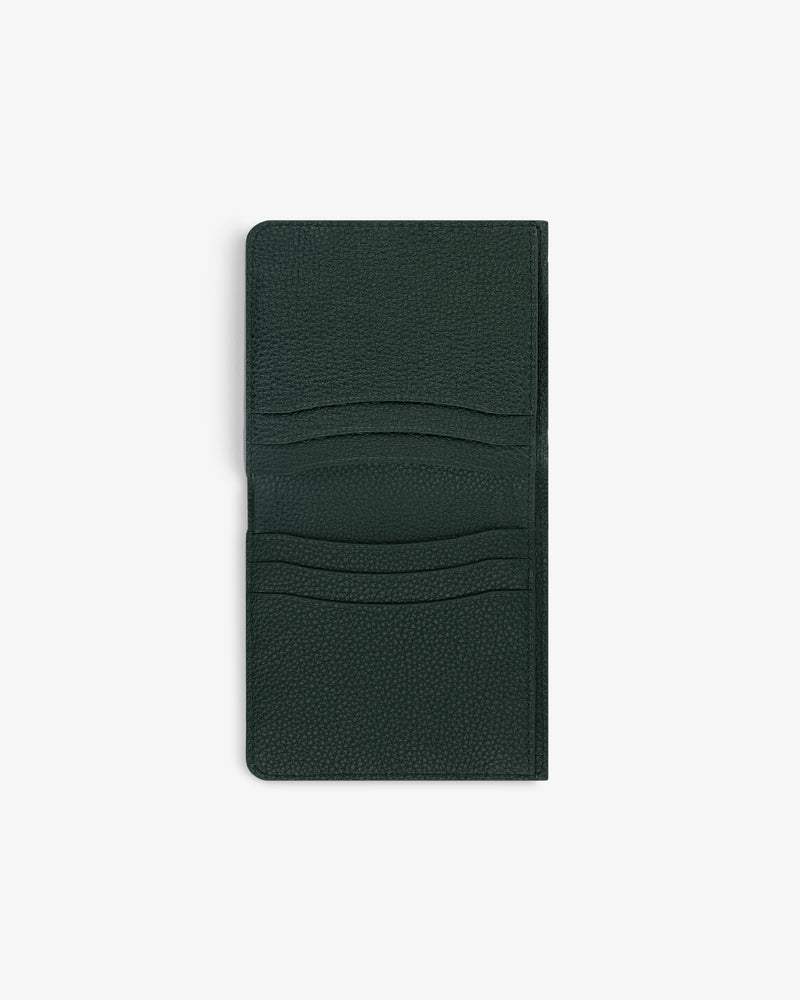 Leather Bi-Fold Wallet in dark green with four card slots, displayed open on a plain white background.