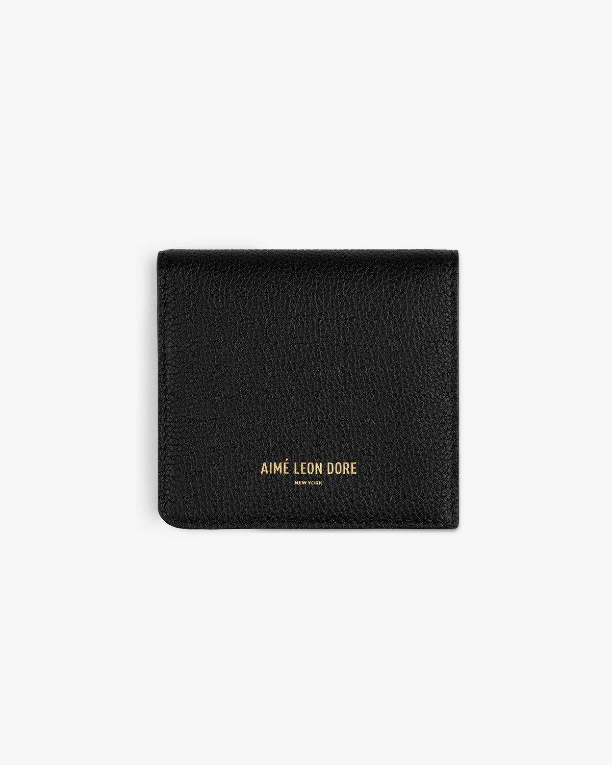 A black Leather Bi-Fold Wallet with gold AIMÉ LEON DORE lettering centered on the front, shown on a white background.