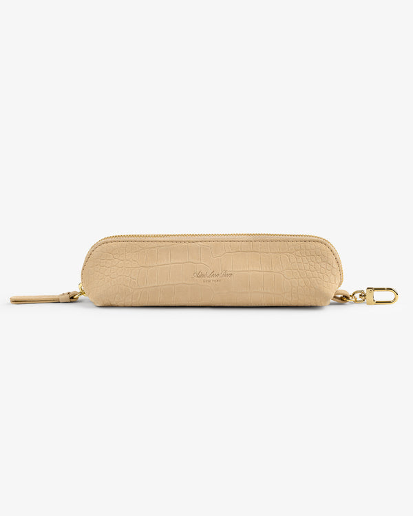 Croc-Embossed Nubuck Pencil Case with zipper and gold clasp, shown on a white background.