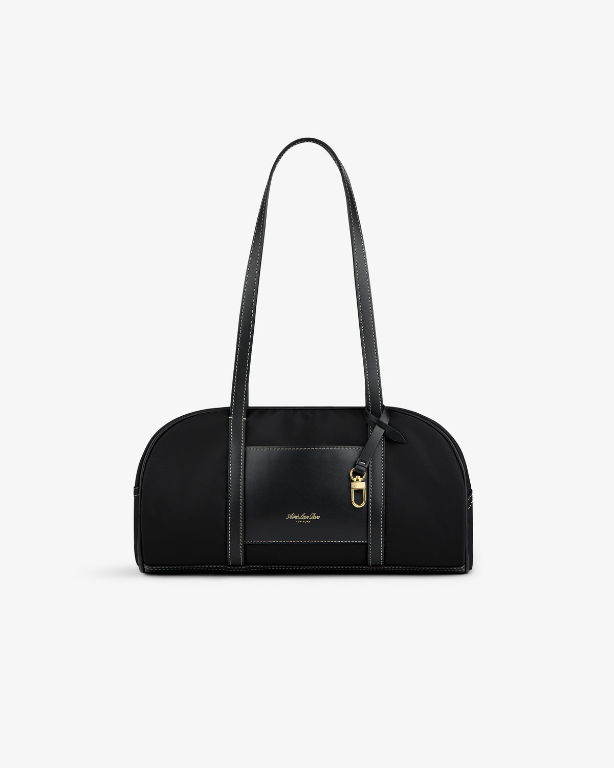 Mini Duffle Shoulder Bag: black with long straps, gold buckle detail, small front logo on a white background.