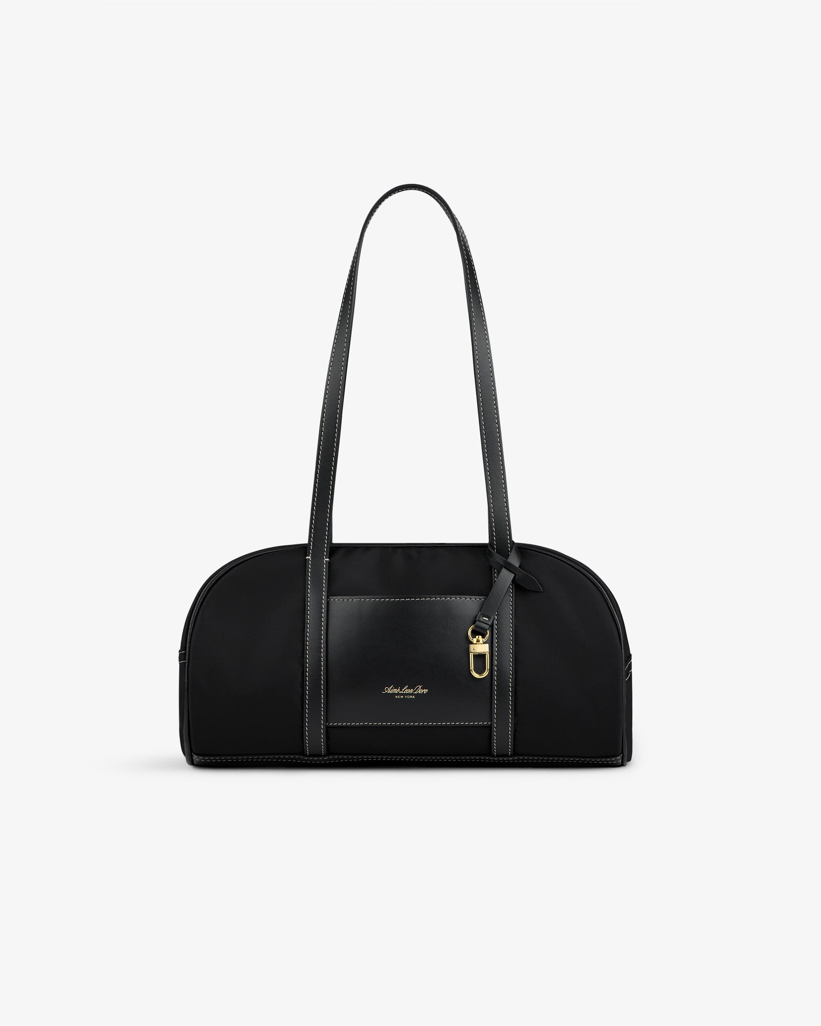 Mini Duffle Shoulder Bag: black with long straps, gold buckle detail, small front logo on a white background.