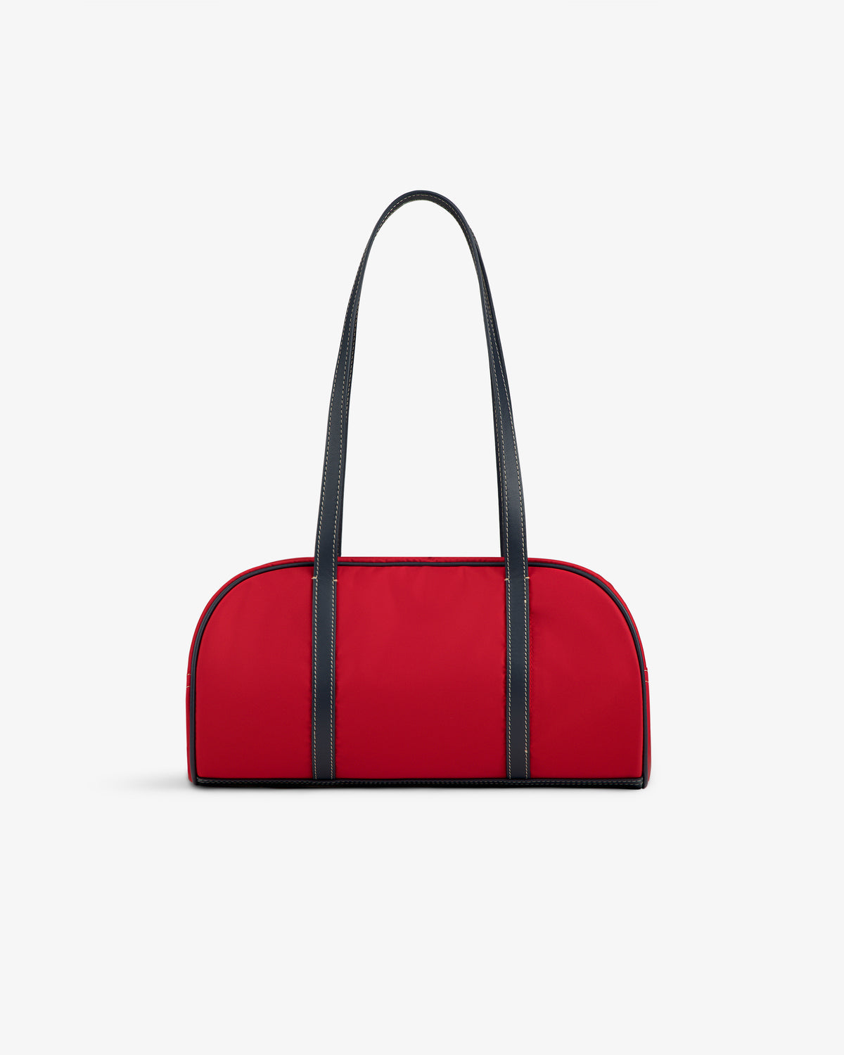 The Mini Duffle Shoulder Bag in red with black handles and trim, shown on a plain white background.