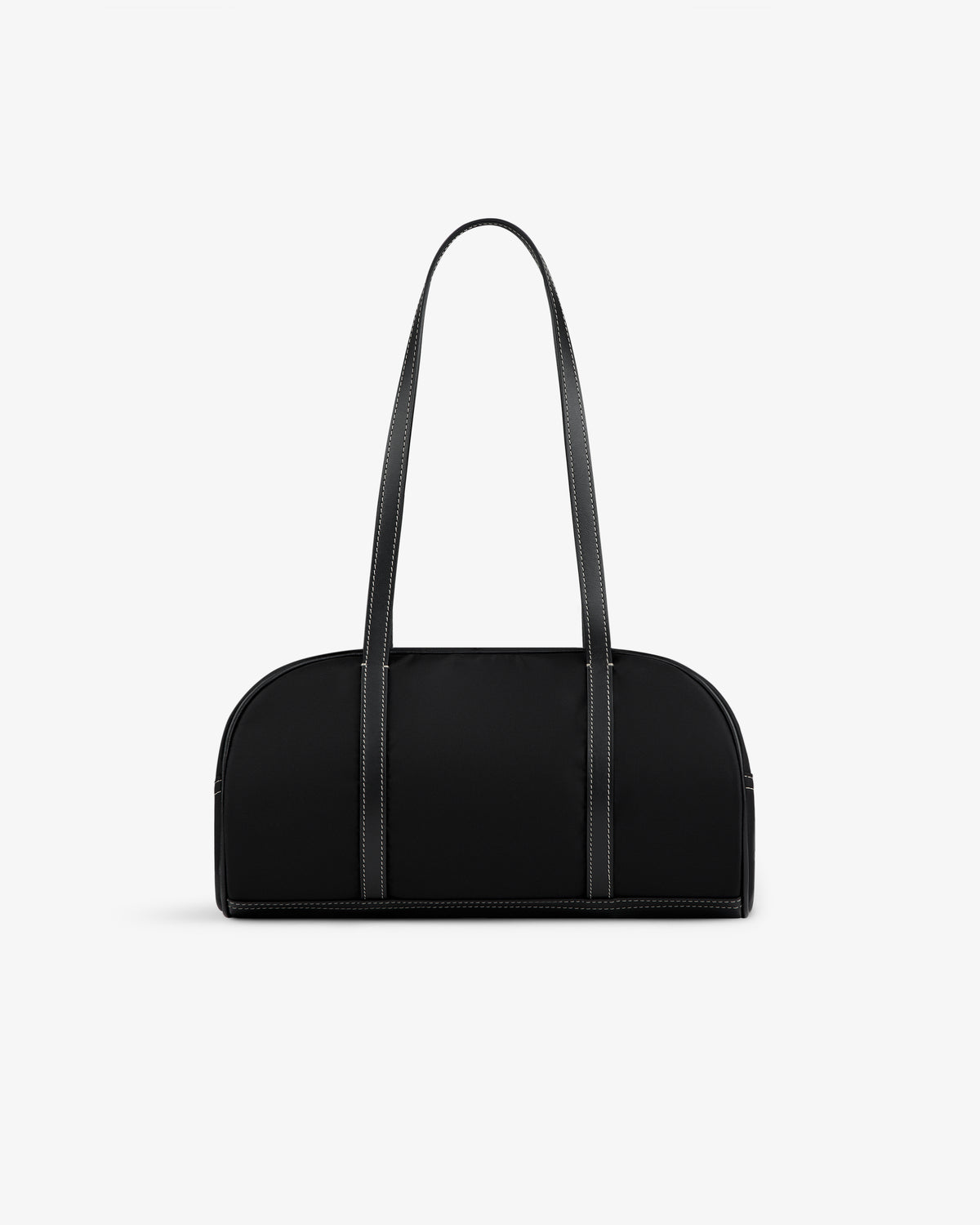 Mini Duffle Shoulder Bag in black with long, thin straps, displayed on a plain white background.