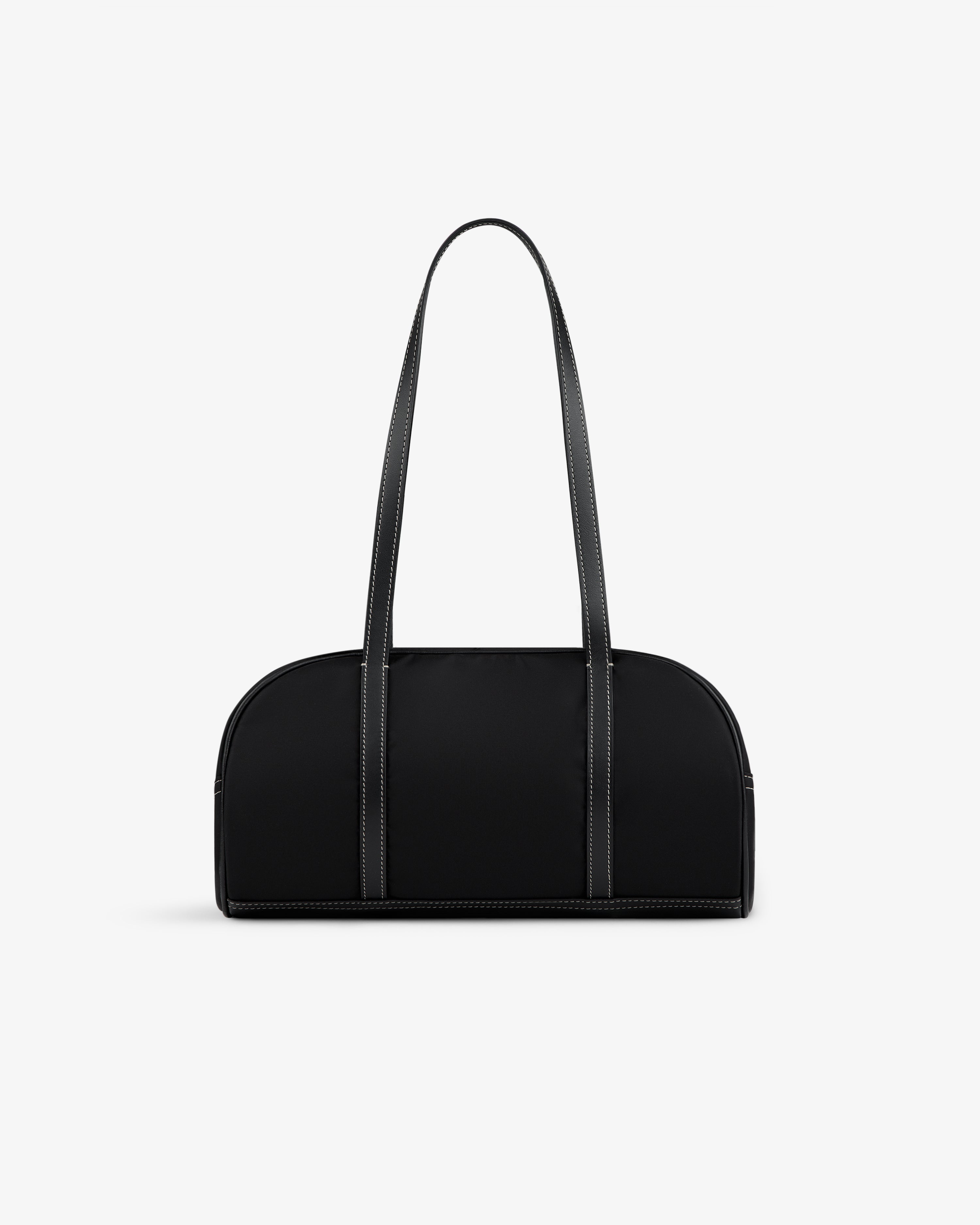 Mini Duffle Shoulder Bag in black with long, thin straps, displayed on a plain white background.