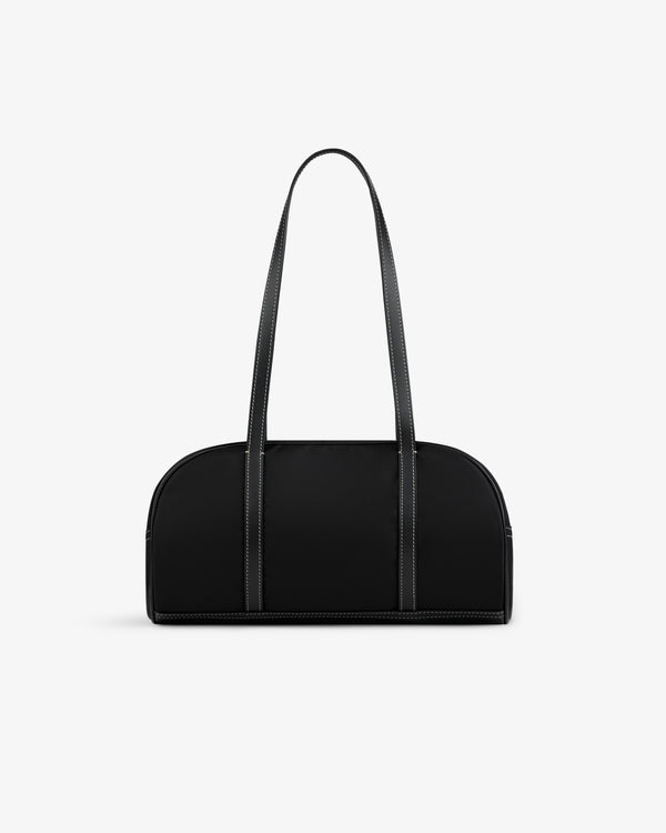 Mini Duffle Shoulder Bag in black with long, thin straps, displayed on a plain white background.