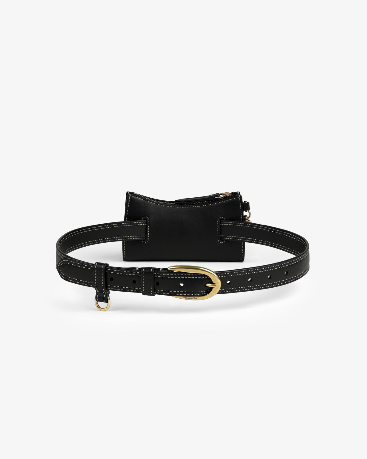 Convertible Leather Belt Bag with gold buckle, white stitching, and zippered pouch on a white background.
