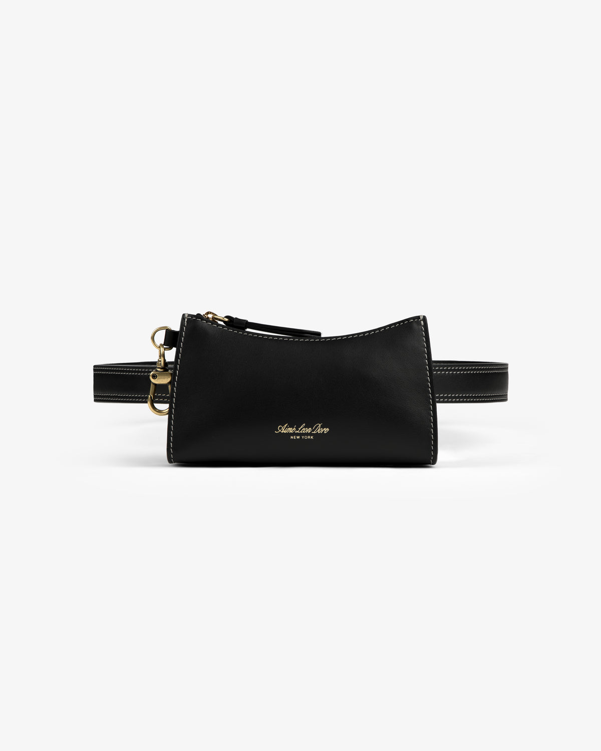 Convertible Leather Belt Bag in black leather with gold hardware and small gold logo, on a white background.