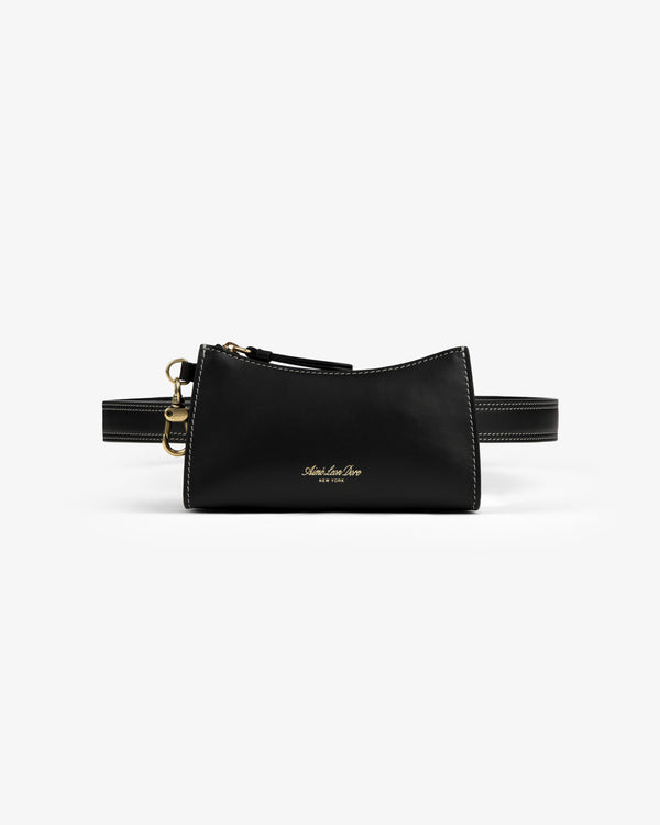 Convertible Leather Belt Bag in black leather with gold hardware and small gold logo, on a white background.