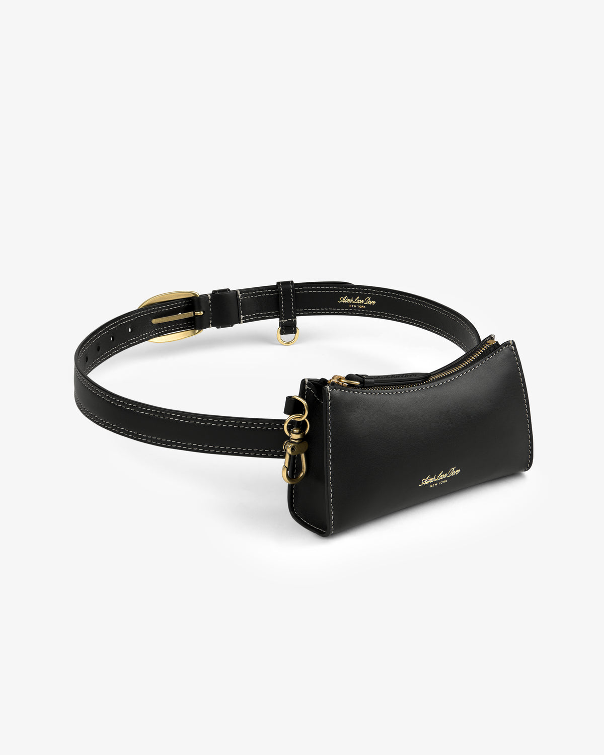 Convertible Leather Belt Bag in black leather with gold hardware, white stitching, and a small zippered pouch.