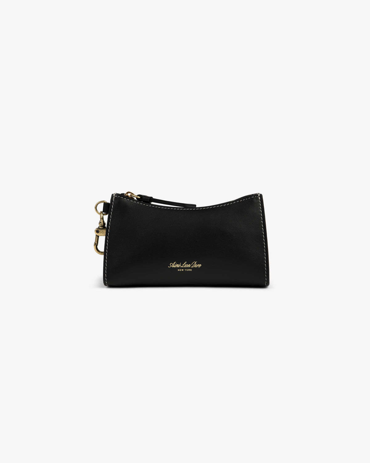 Convertible Leather Belt Bag in black leather with gold zipper, white stitching, and gold embossed text on the front.