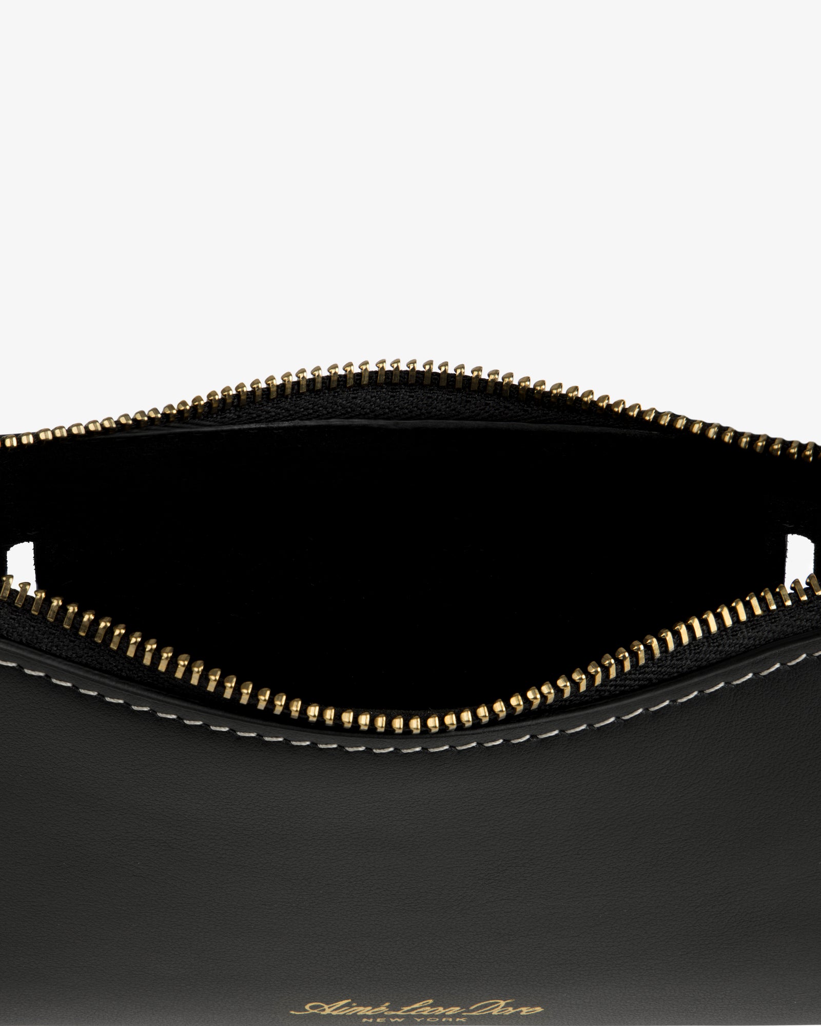 Convertible Leather Belt Bag in black leather with gold zipper, partial open top, and white edge stitching.