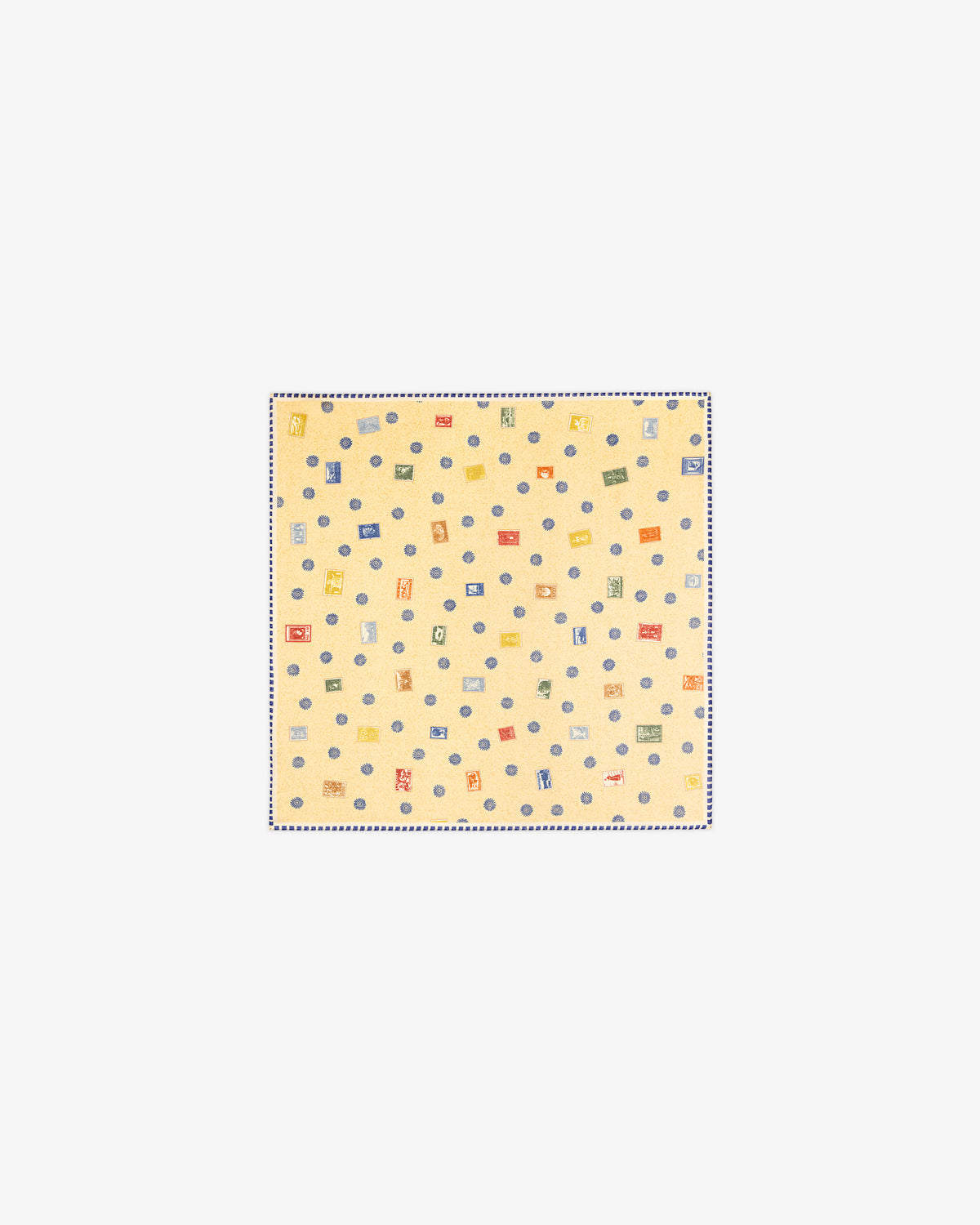 Vintage Stamps Wool Silk Bandana in yellow with small, multicolored geometric shapes and patterns.