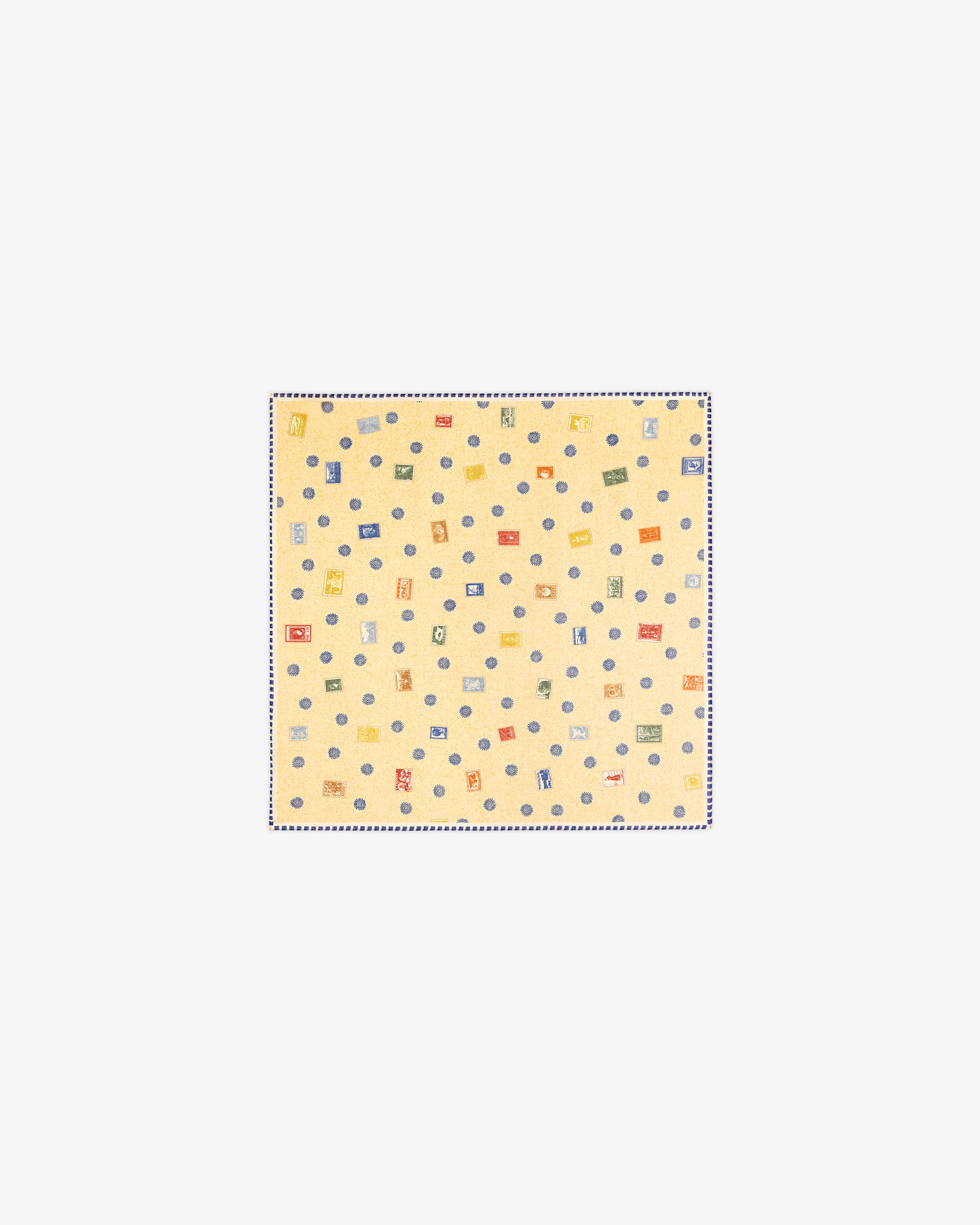 Vintage Stamps Wool Silk Bandana in yellow with small, multicolored geometric shapes and patterns.