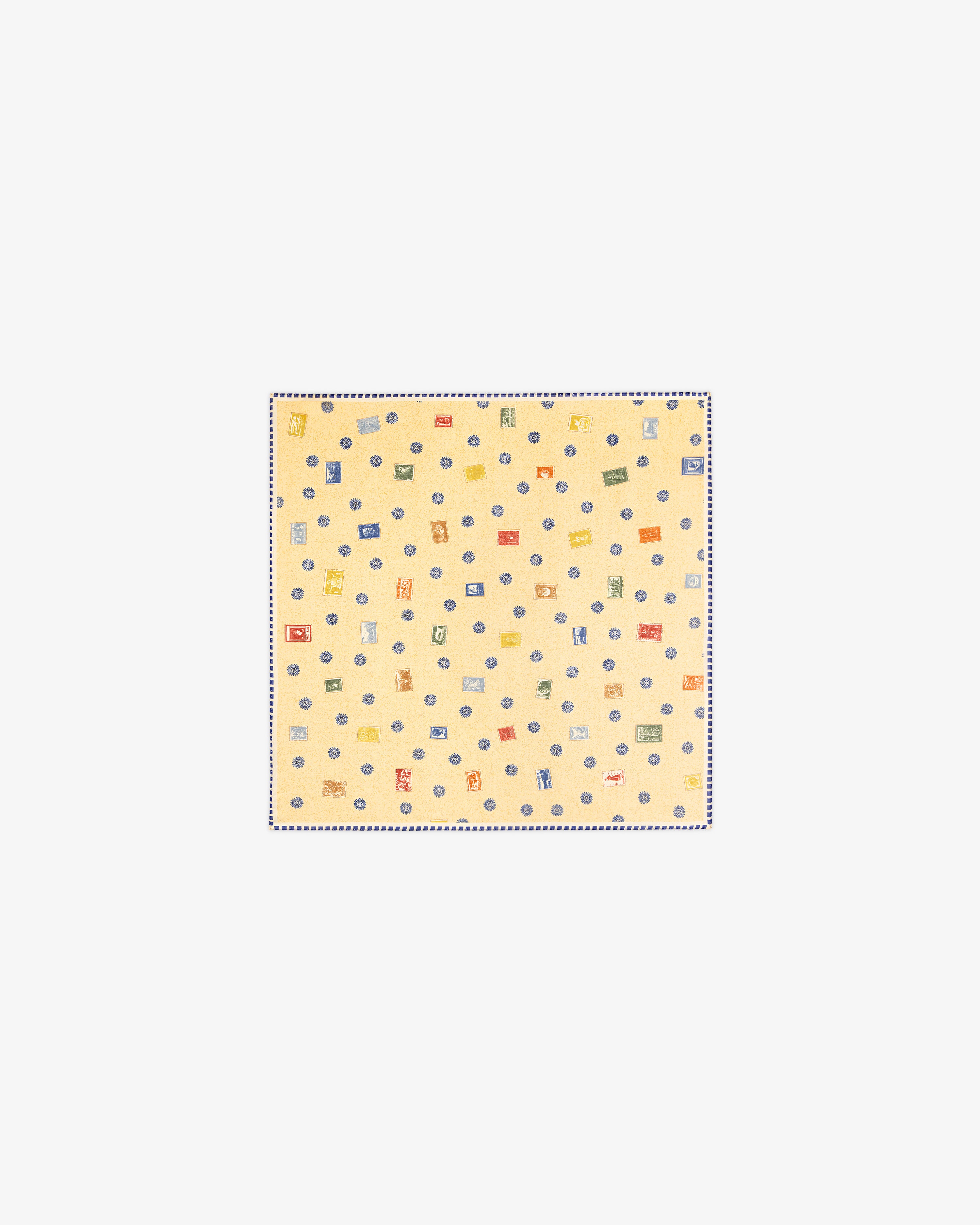 Vintage Stamps Wool Silk Bandana in yellow with small, multicolored geometric shapes and patterns.