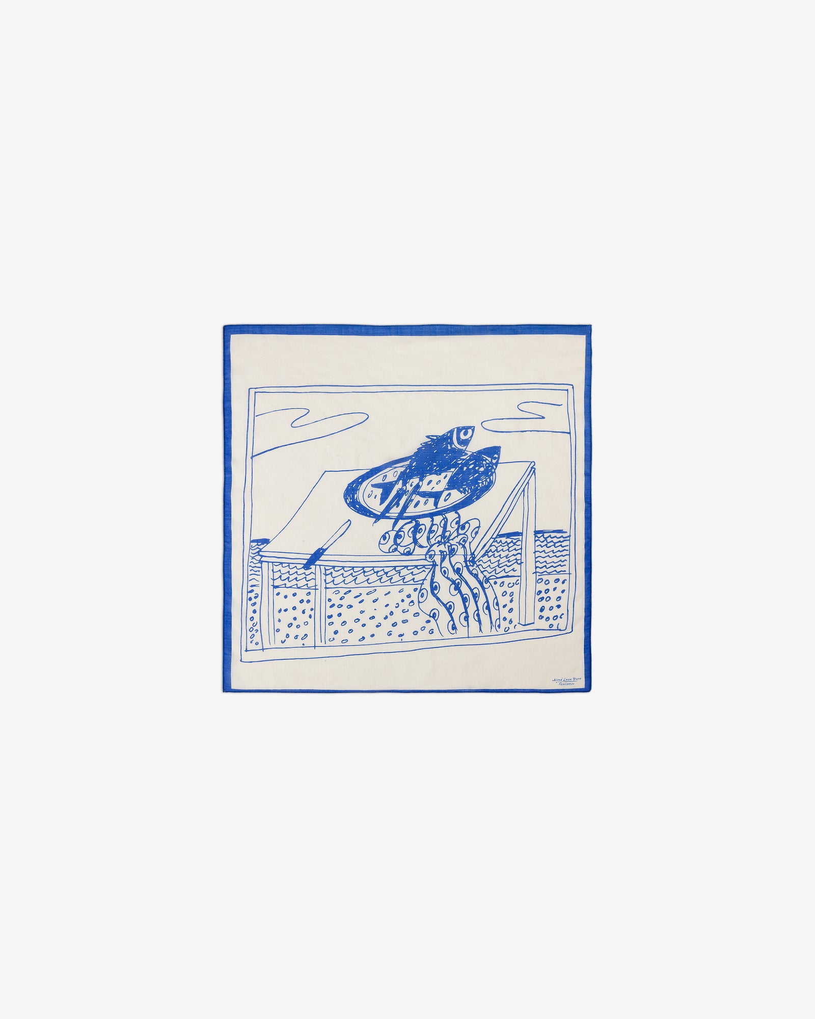 A blue and white illustration of the Fassianos Wool Silk Bandana held by a hand over a fence with clouds above.