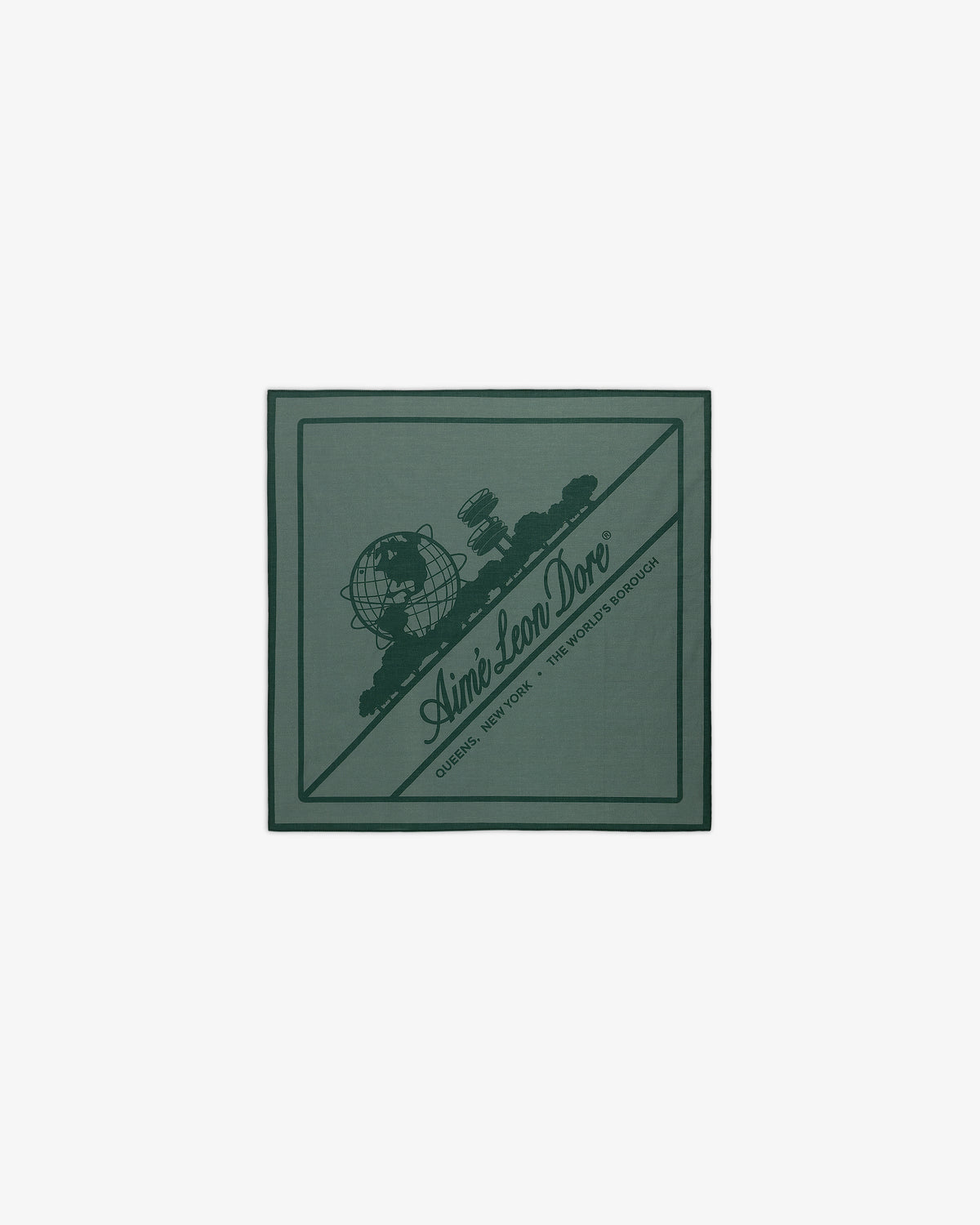 Sun Faded Unisphere Bandana with globe, clouds, Aimé Leon Dore logo, and city names printed in dark green on front.